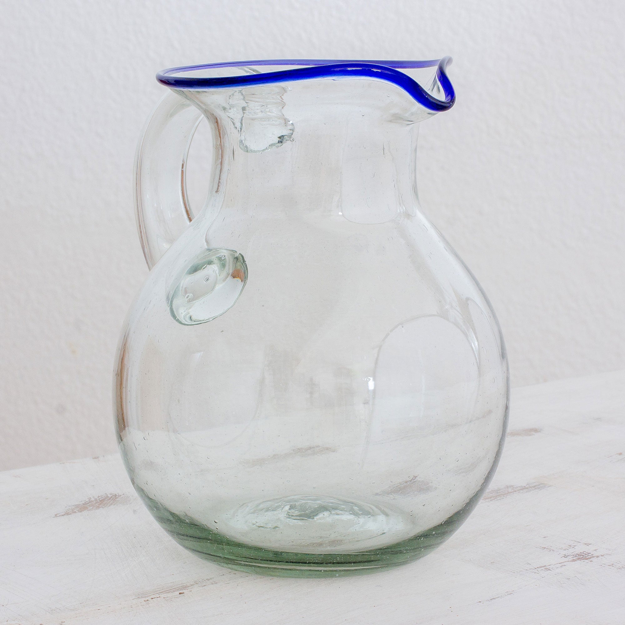 Premium Handcrafted Recycled Glass Pitcher – Clear Blue Rim Design