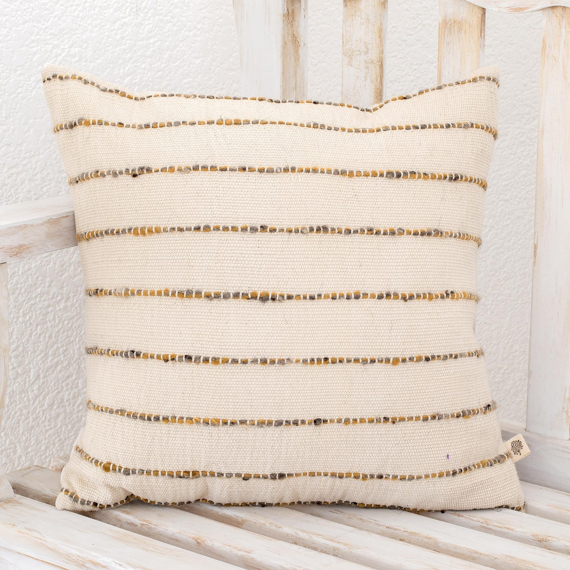 Premium Momostenango Striped Wool Cushion Cover - Ivory & Handcrafted in Guatemala