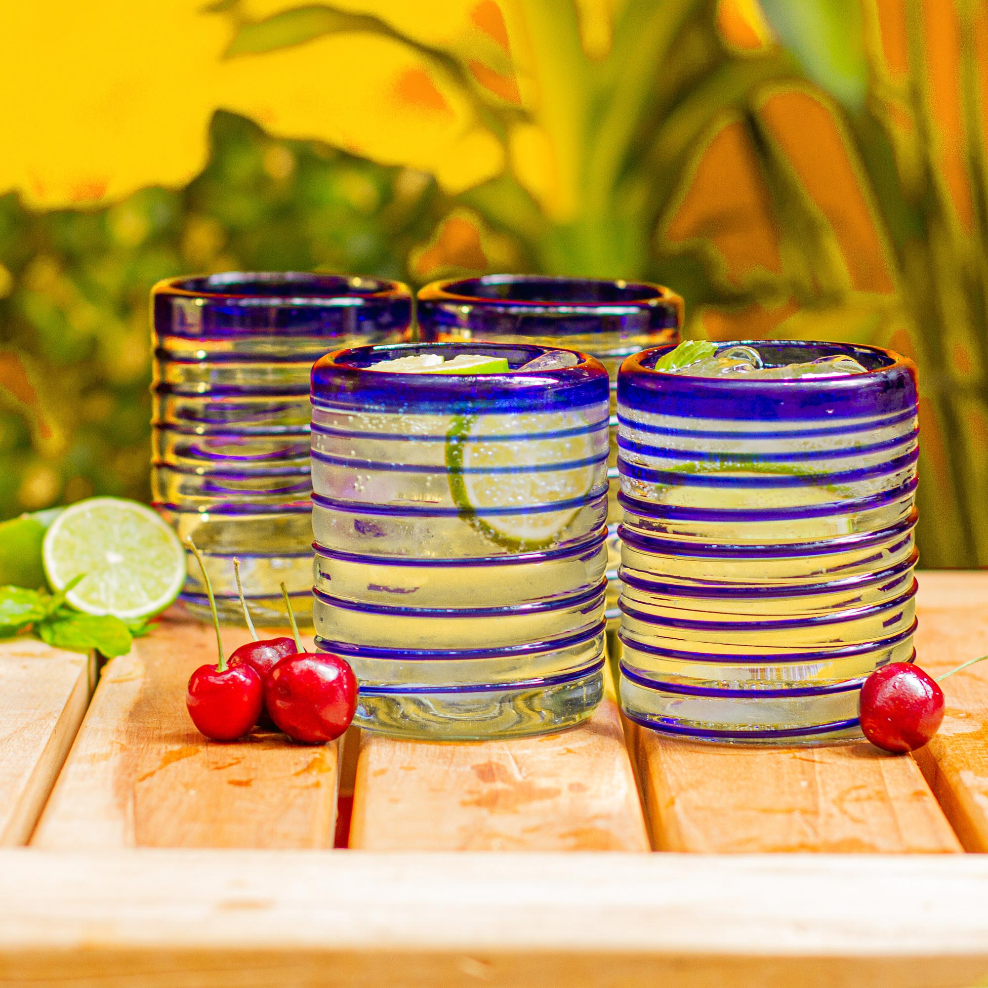 Premium Hand-Blown Recycled Glass Cobalt Spiral Rocks Glasses - Set of 6