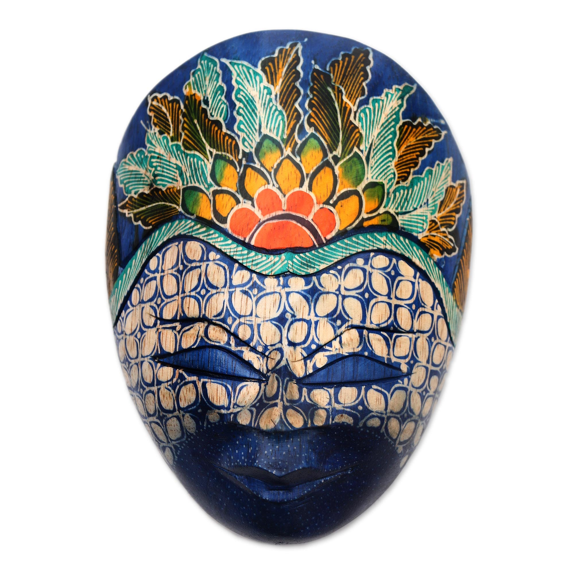 Premium Blue Prince Floral Batik Wood Mask - Handcrafted Java Art