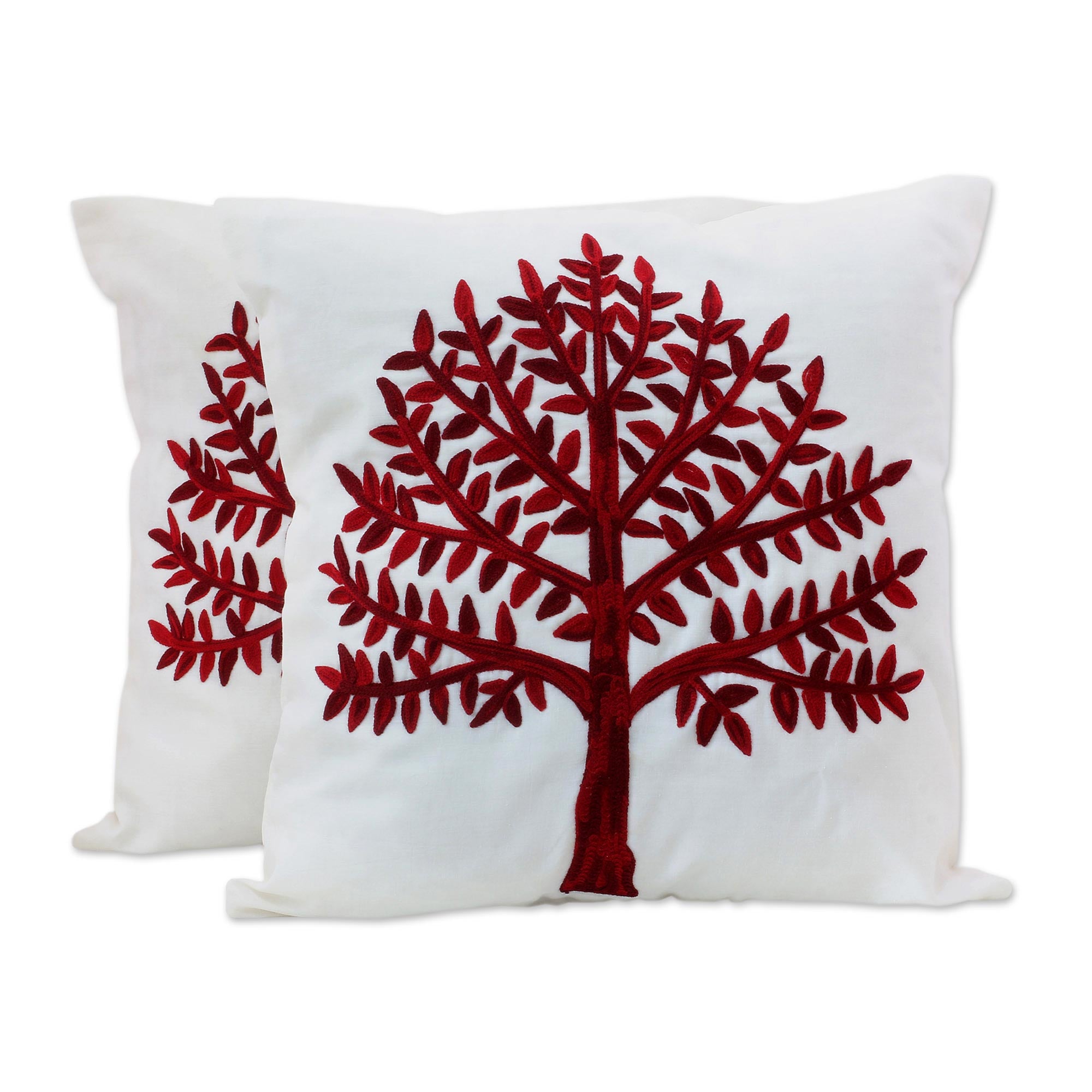 Premium Chinar Tree Embroidered Cotton Cushion Covers – Autumn Red Elegance (Pair)