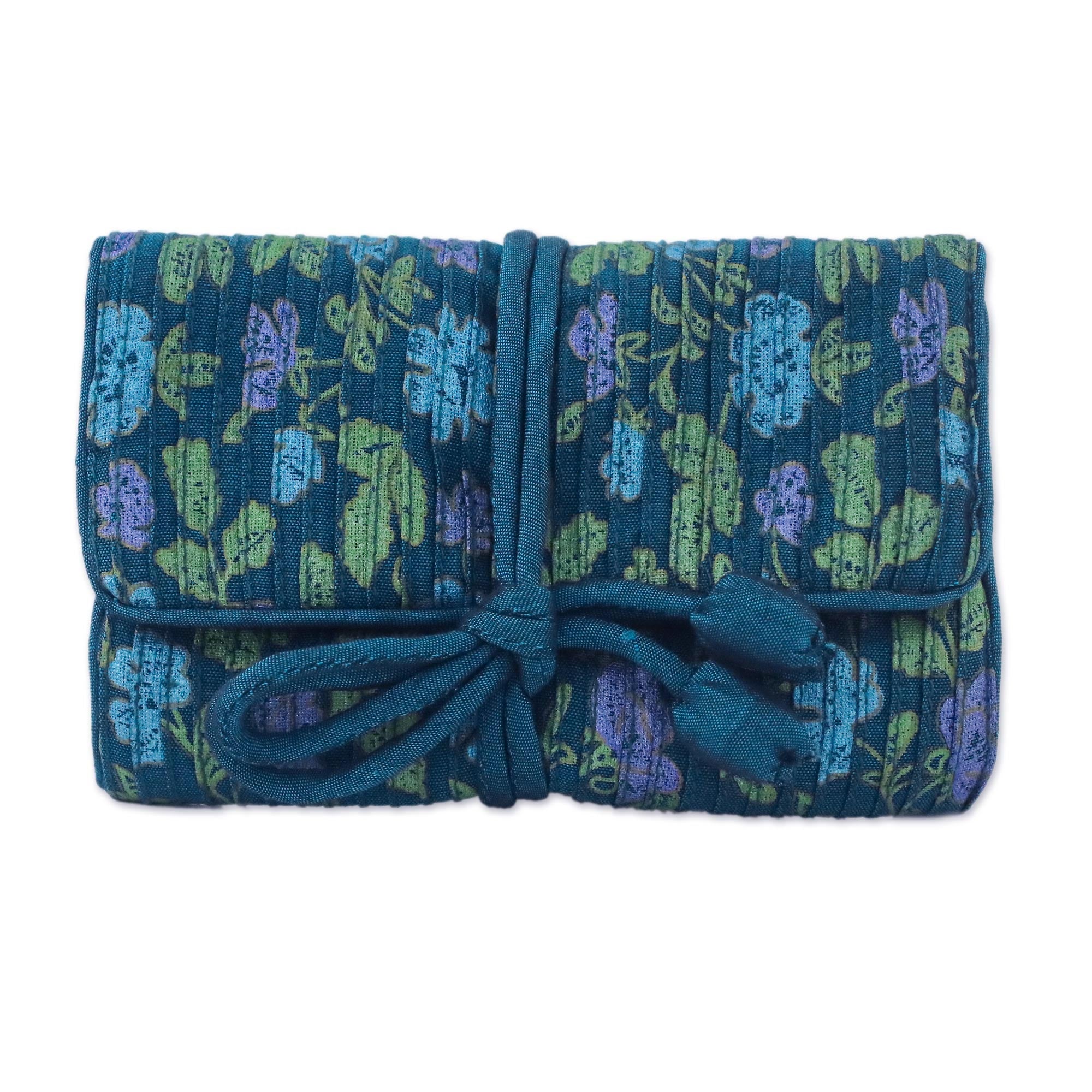 Premium Floral Jewelry Roll - Rayon & Silk Blend in Blue | Handcrafted in Thailand