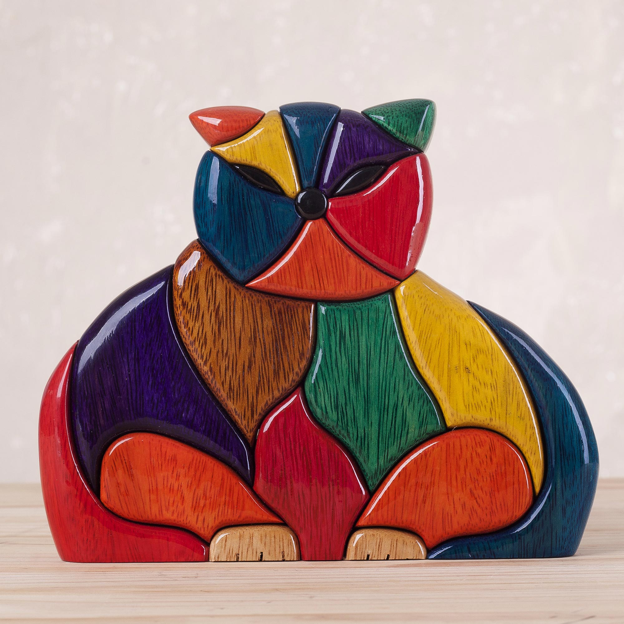Premium Handcrafted Patchwork Cat Sculpture in Ishpingo Wood