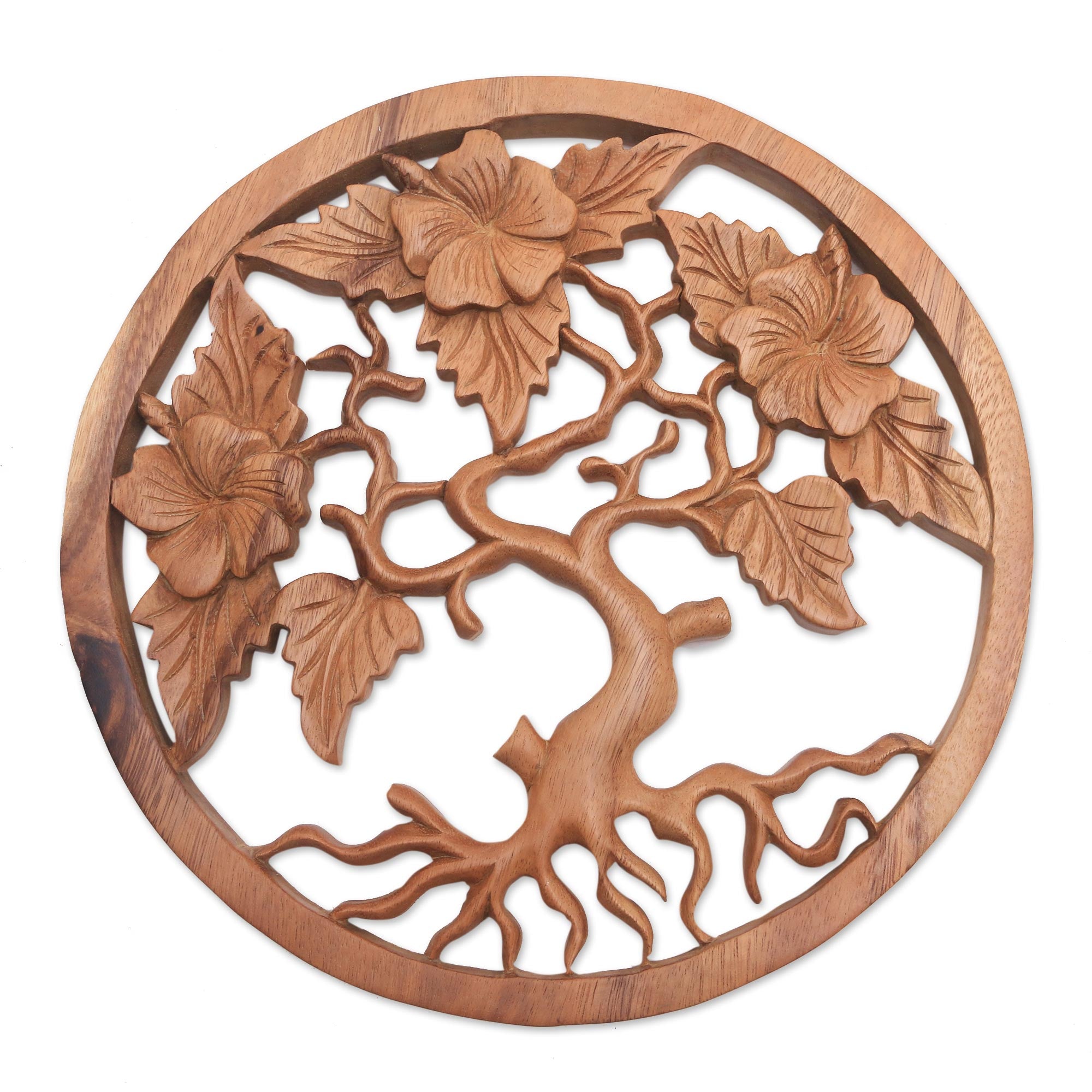Premium Hand-Carved Frangipani Tree Suar Wood Art Panel – Bali Inspired