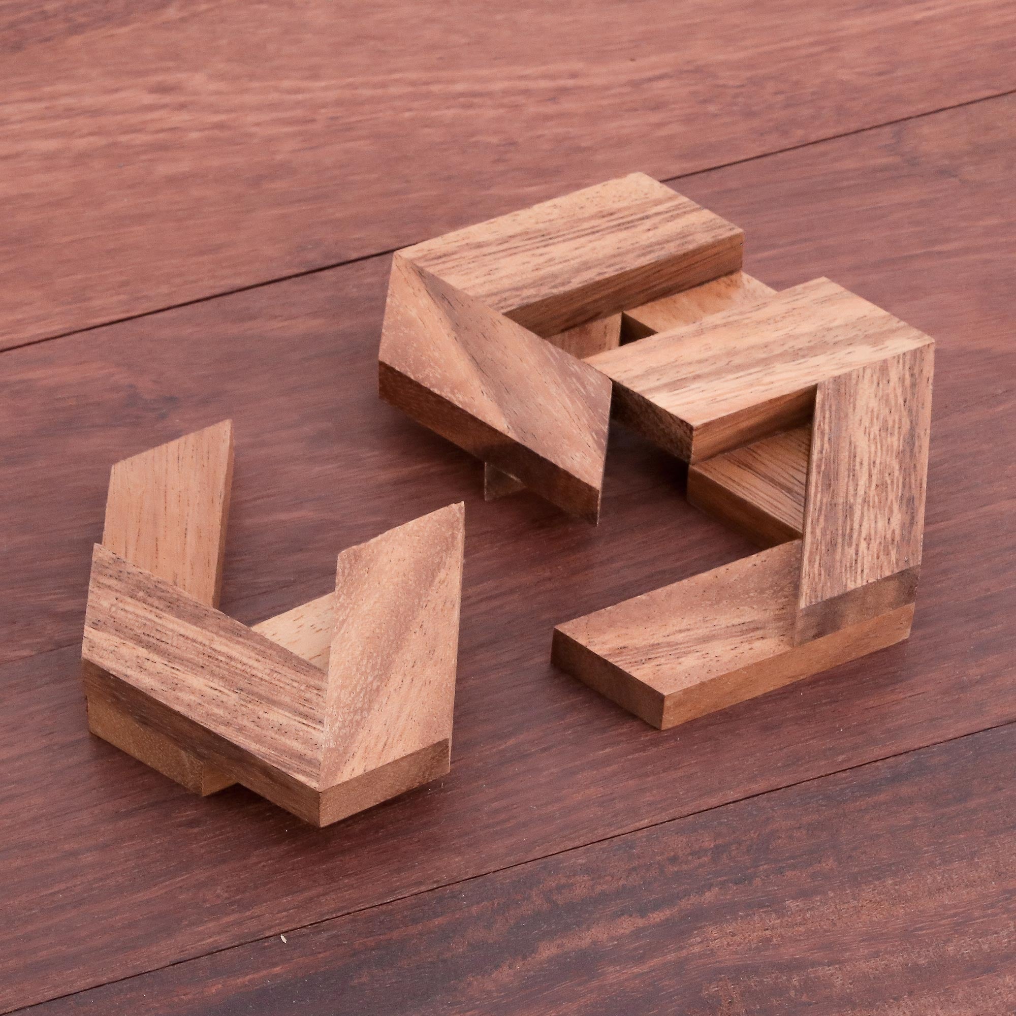 Premium Handcrafted Hexagonal Wooden Puzzle - Natural Raintree Wood Brain Teaser