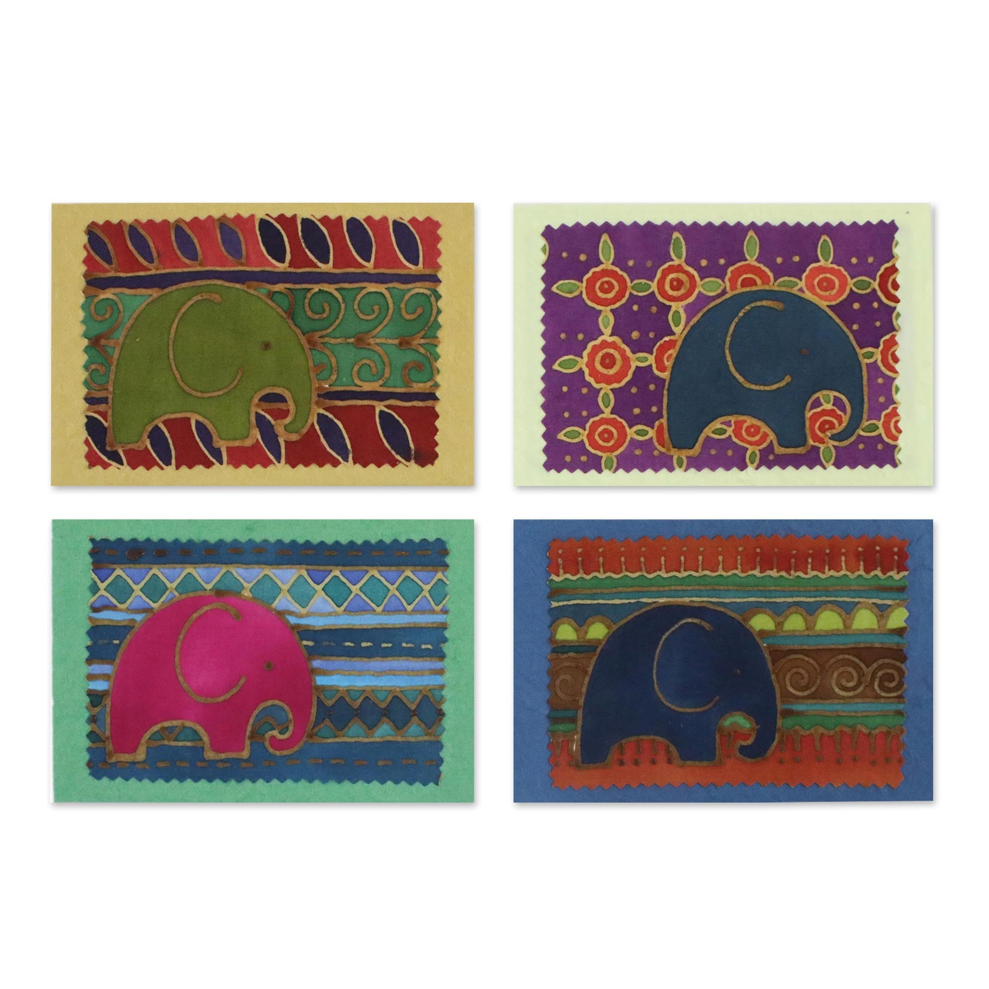 Premium Elephant Journeys Batik Cotton Greeting Card Set (4-Pack)