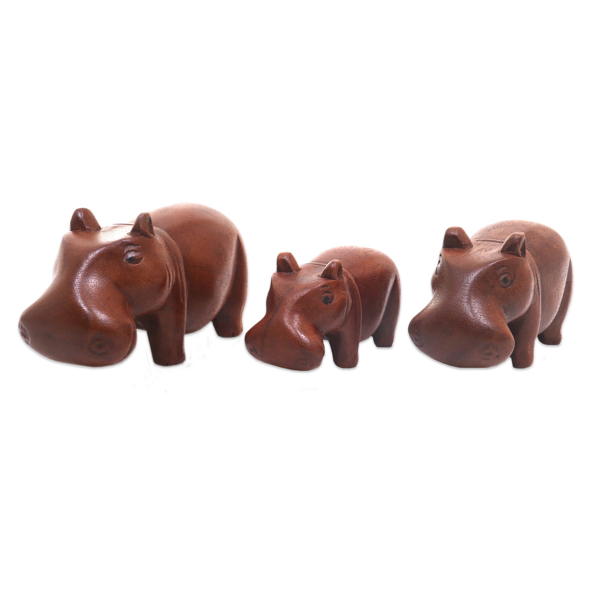 Premium Handcrafted Hippo Sculpture Trio – Natural Suar Wood Artisan Set