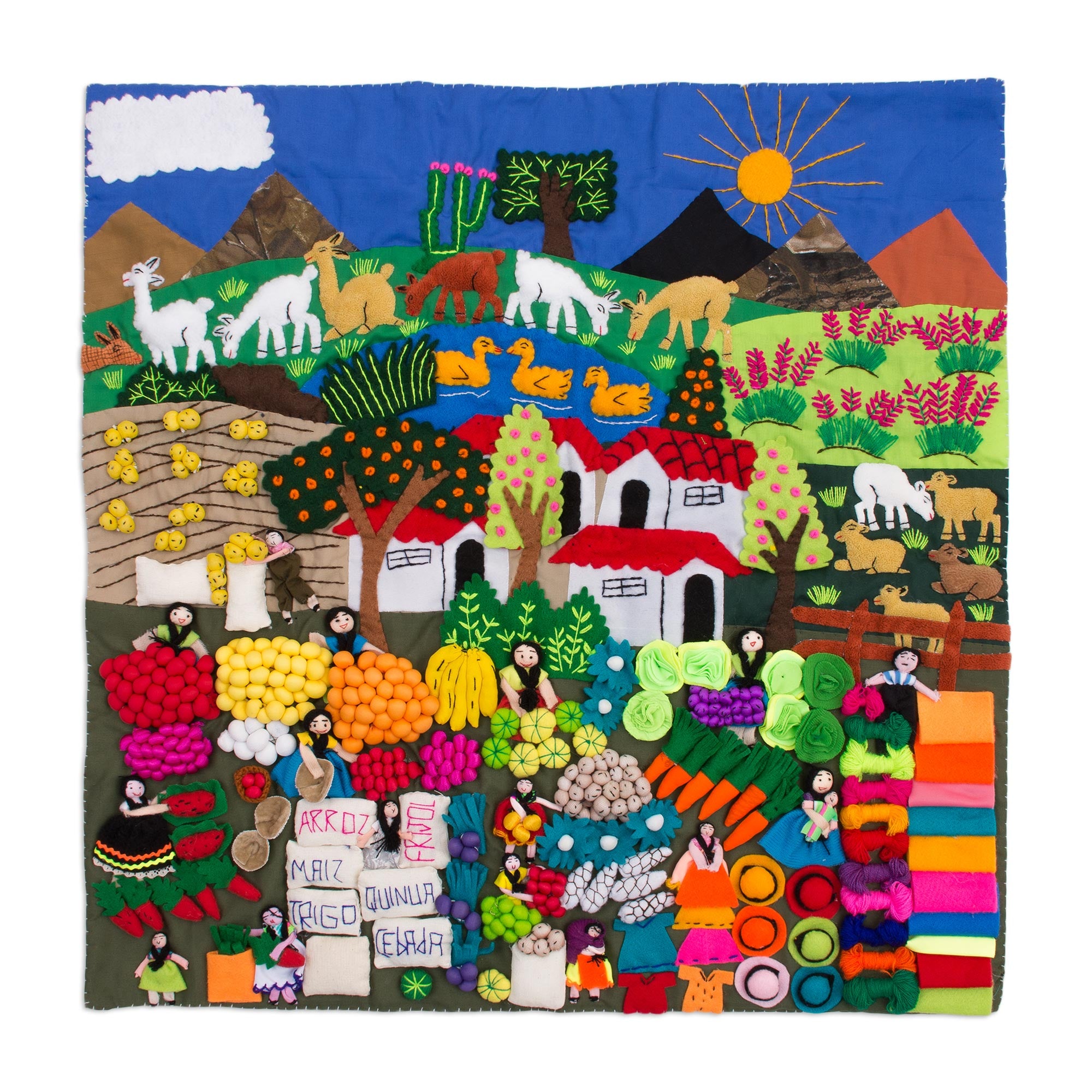 Premium Andean Folk Art Cotton Wall Hanging - Street Market Scene