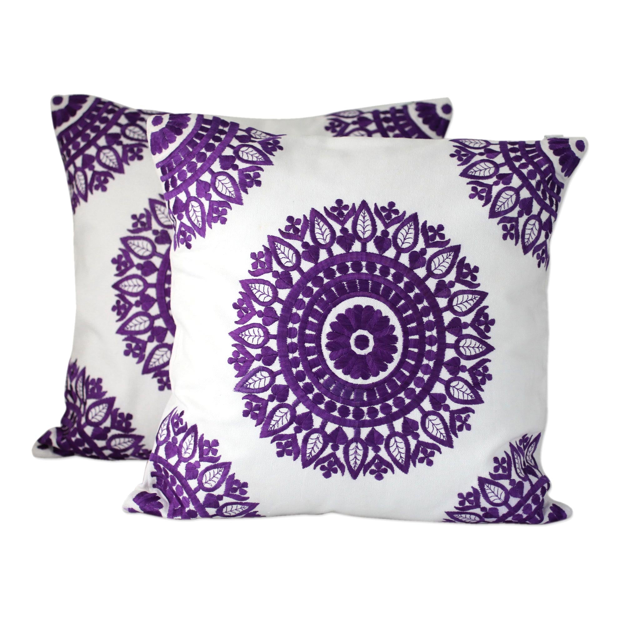 Premium Amethyst Mandalas Embroidered Cushion Covers - Purple on White (Pair)