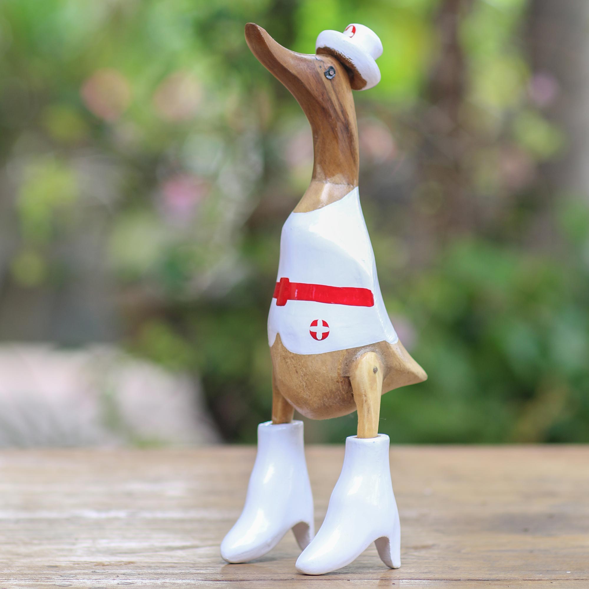 Premium Hand-Carved Nurse Duck Sculpture - Bamboo & Acacia Wood