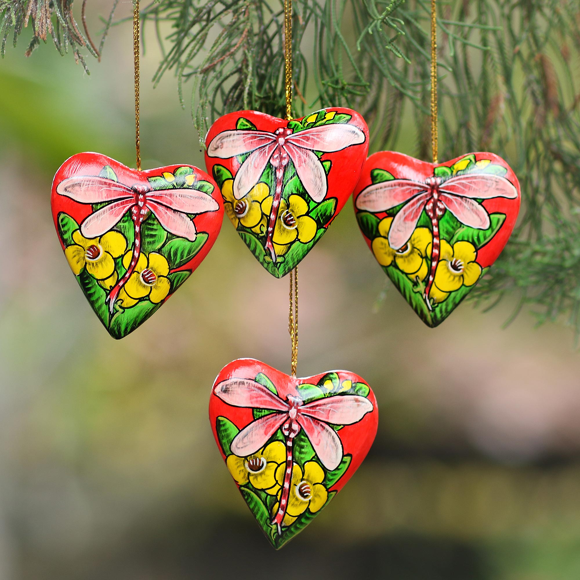 Premium Hand-Painted Balinese Heart Ornaments with Dragonflies - Set of 4