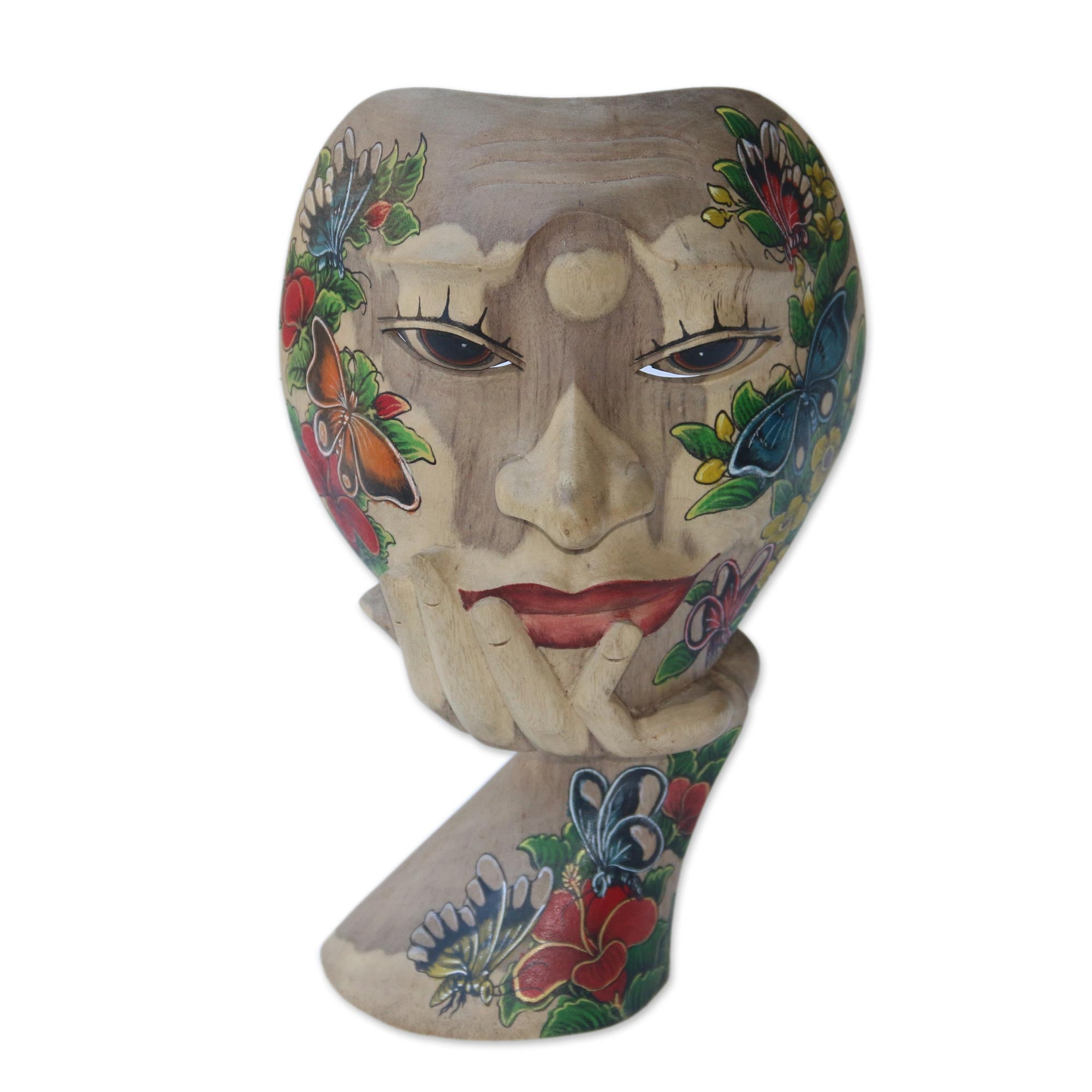 Premium Hand-Carved Hibiscus Wood Floral Butterfly Tabletop Mask