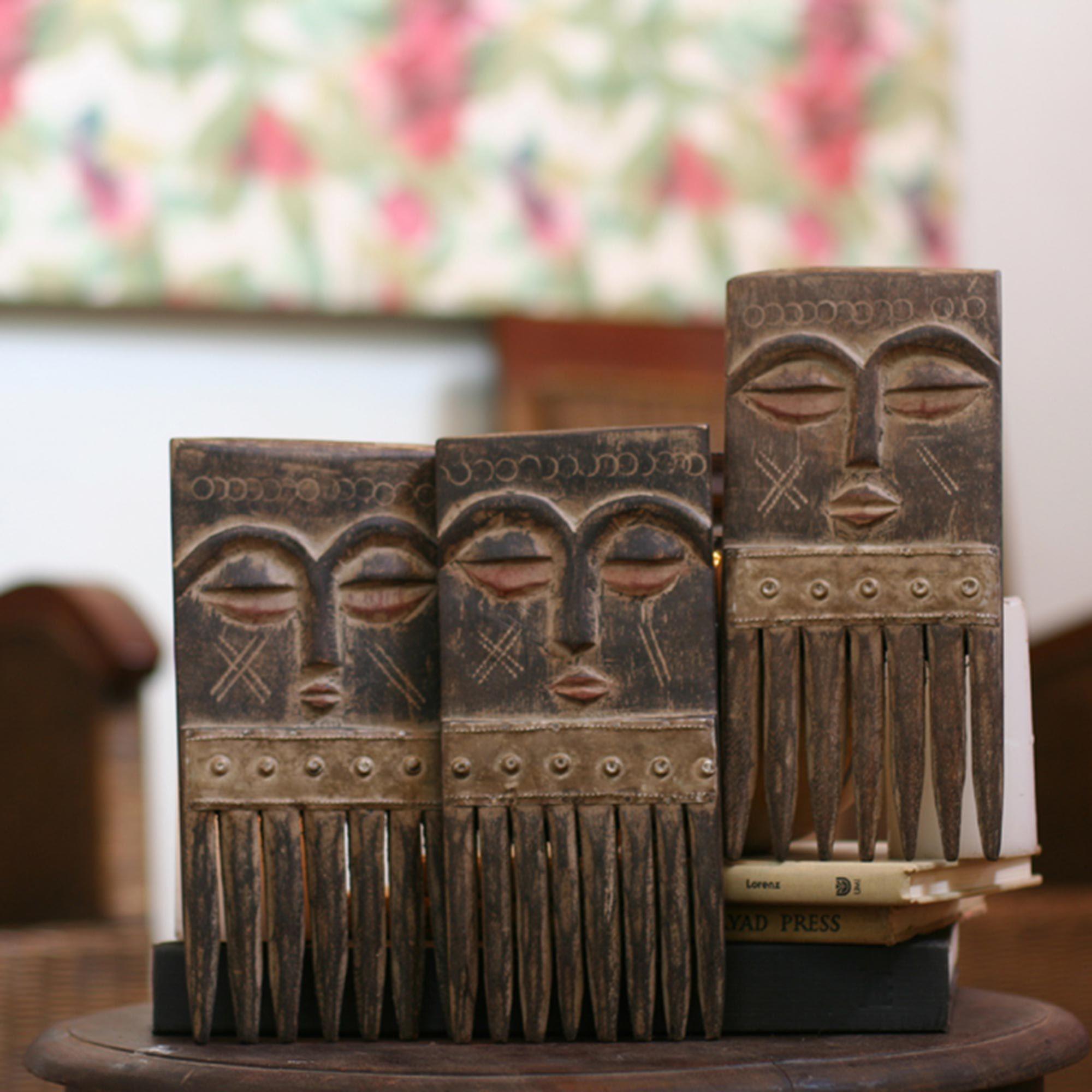 Premium Ashanti Nyansa Hand Carved Wood Comb Sculpture Set - Wisdom & Heritage