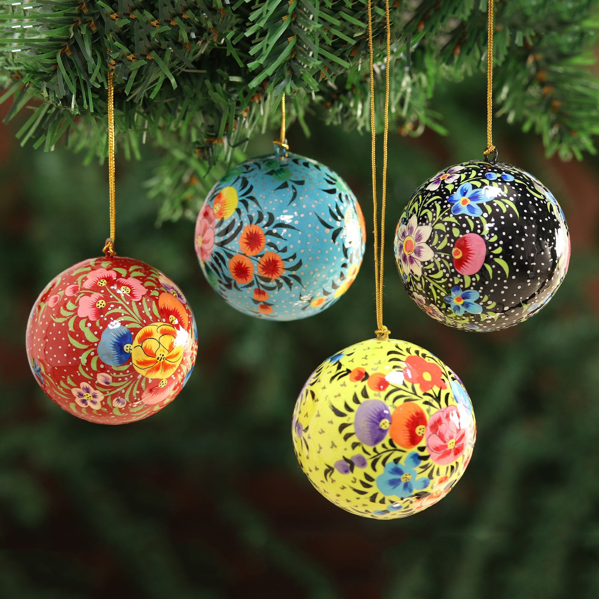 Premium Hand-Painted Floral Ornaments Set - Exquisite Multicolored Papier Mache Decor (Set of 4)
