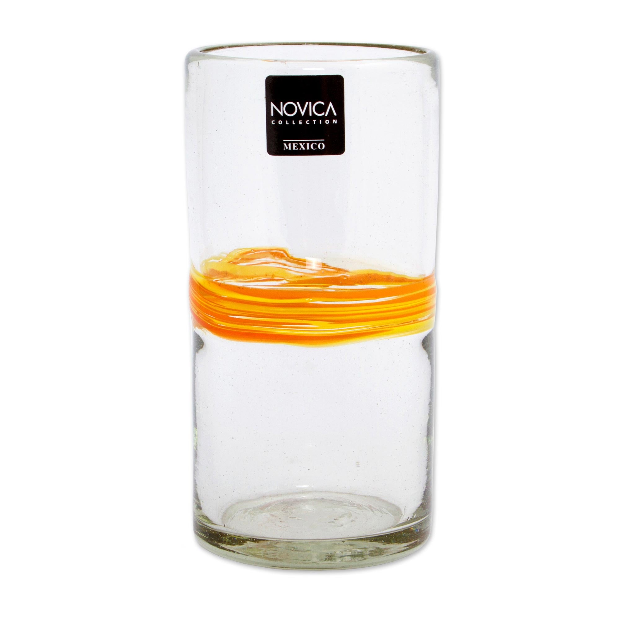 Premium Ribbon of Sunshine: Set of 6 Handcrafted Recycled Glass Tumblers with Vibrant Orange Stripe