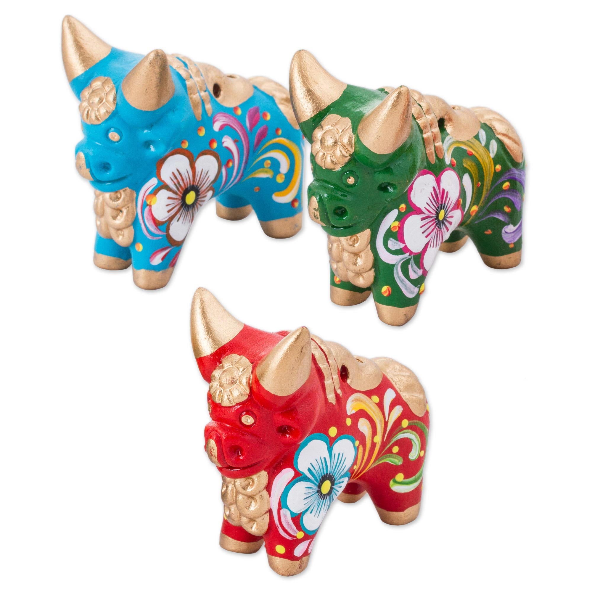 Premium Tricolor Pucara Bulls Ceramic Sculpture Set