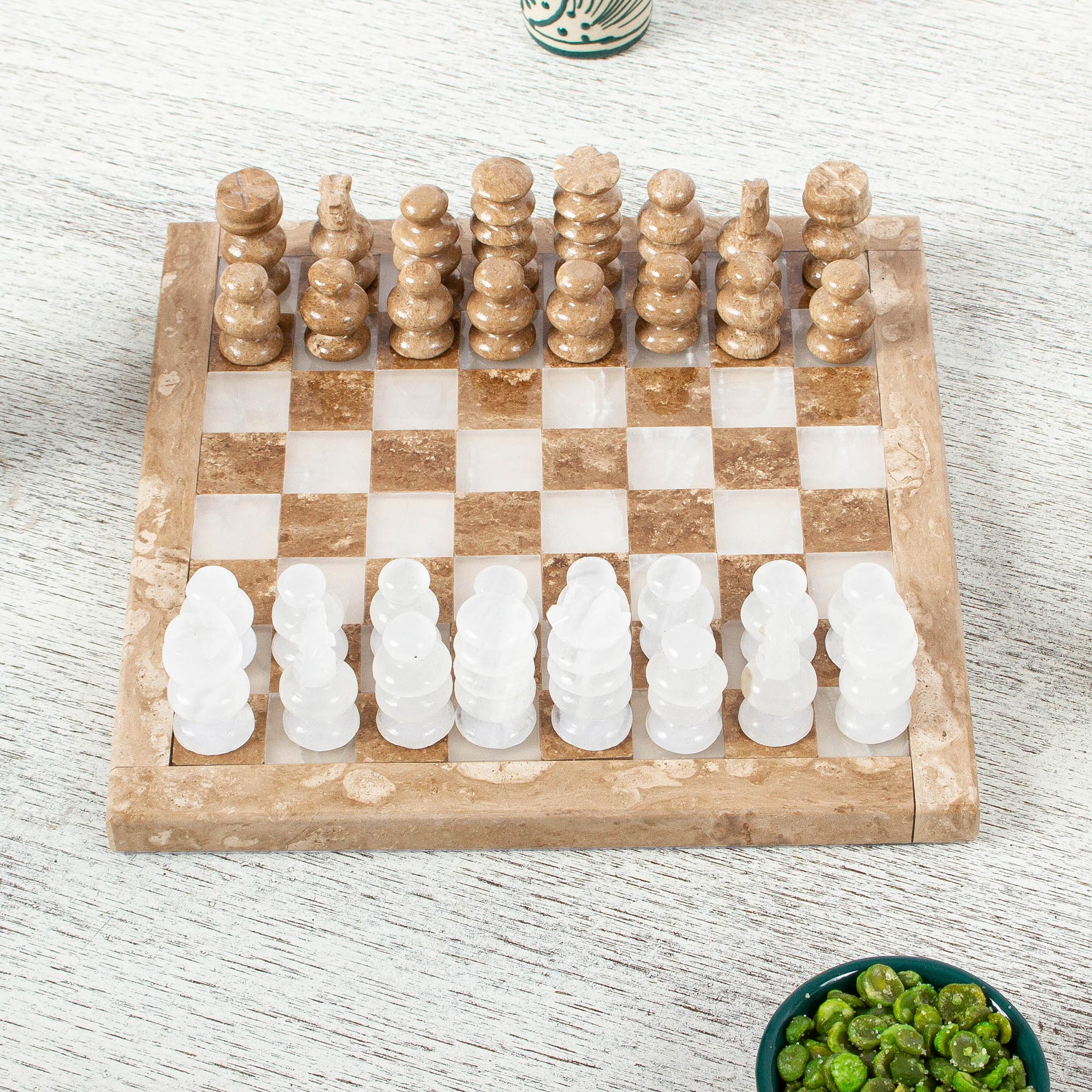 Premium Brown & White Onyx and Marble Chess Set - Handcrafted 7.5 in. Board