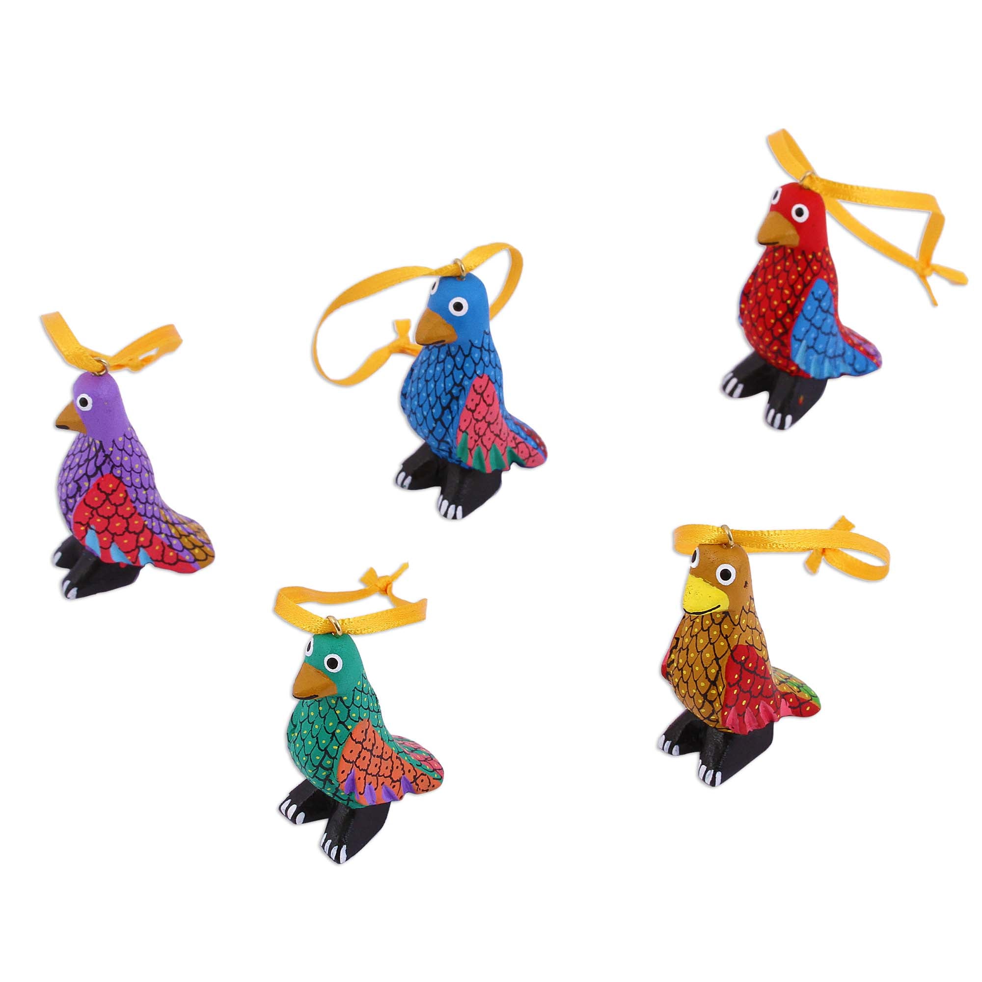 Premium Hand-Crafted Sweet Penguins Wood Alebrije Ornaments - Set of 5 from Mexico
