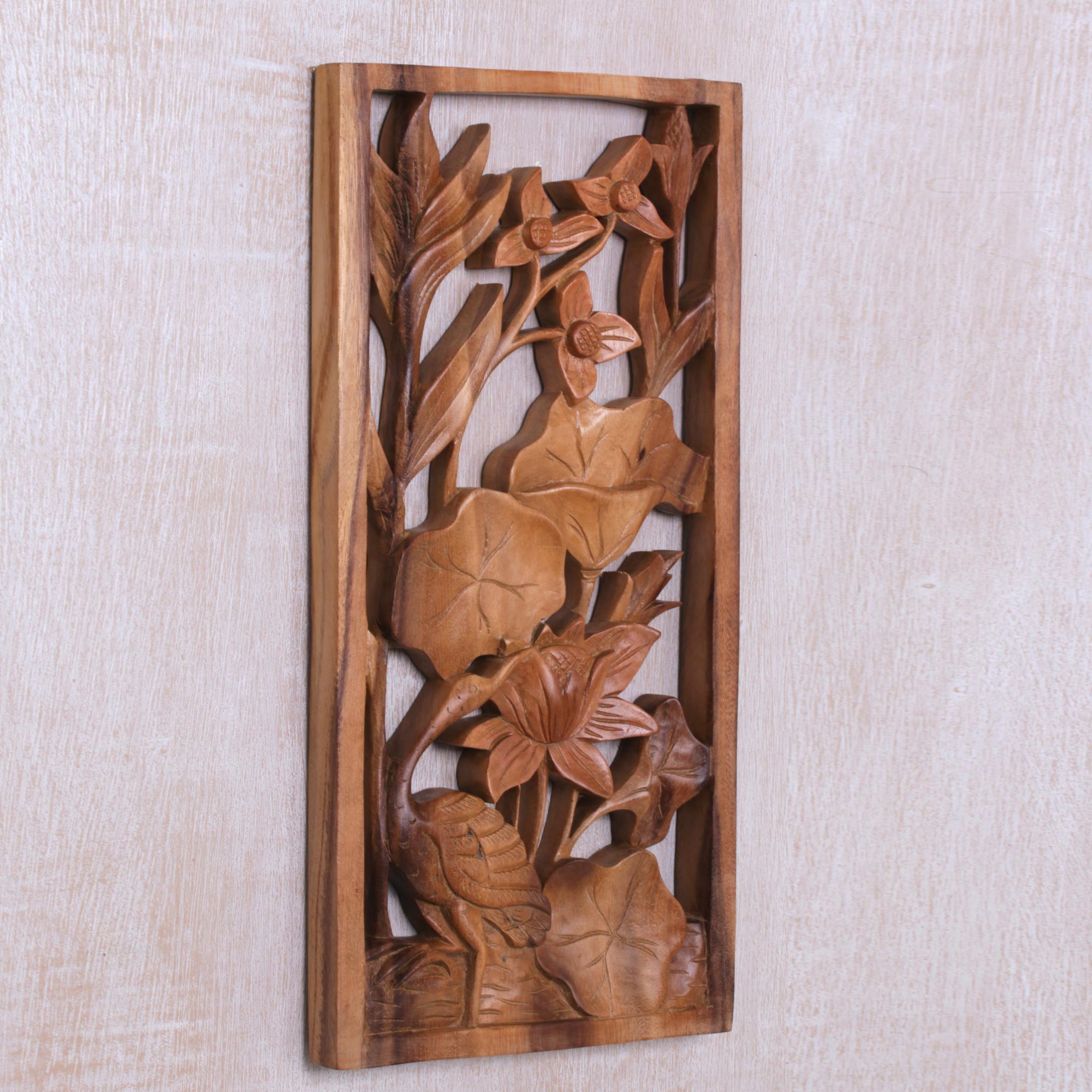 Premium Hand-Carved Heron & Lotus Wood Wall Art Panel