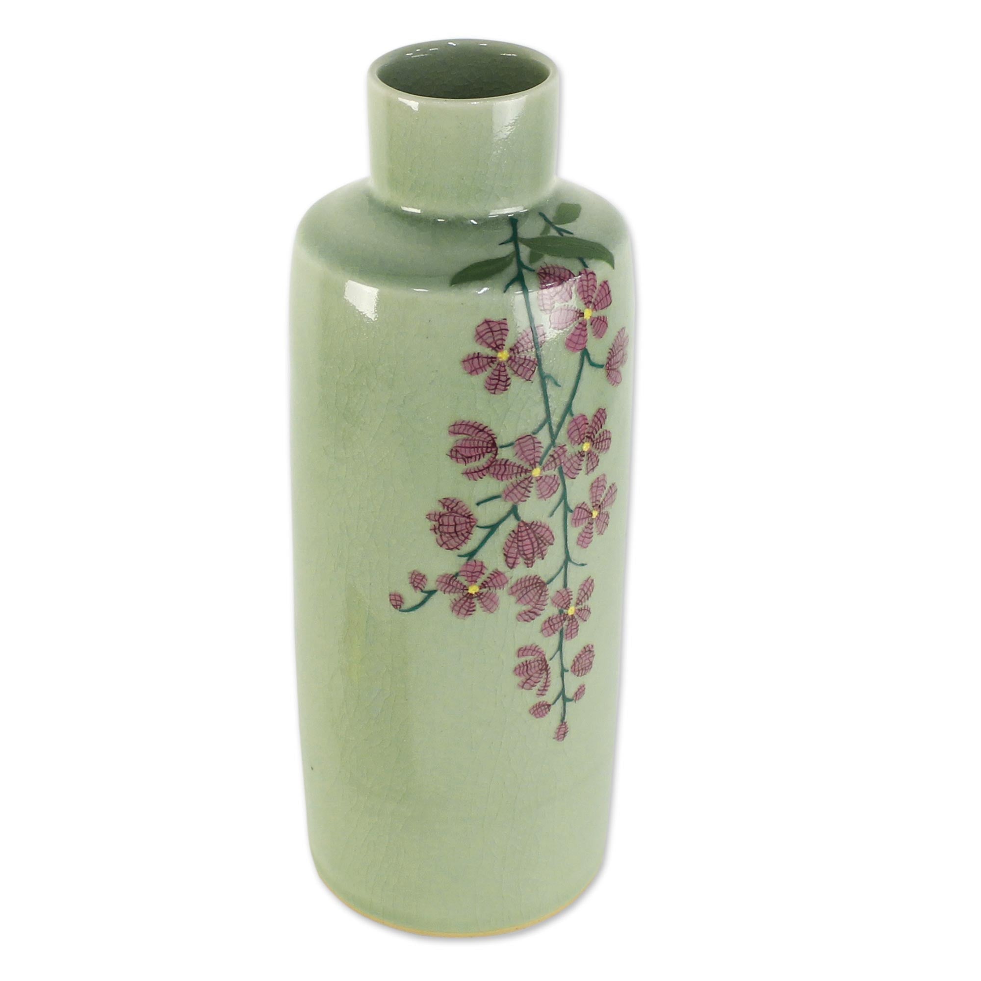 Premium Handcrafted Celadon Floral Vase - Thai Artisan Elegance