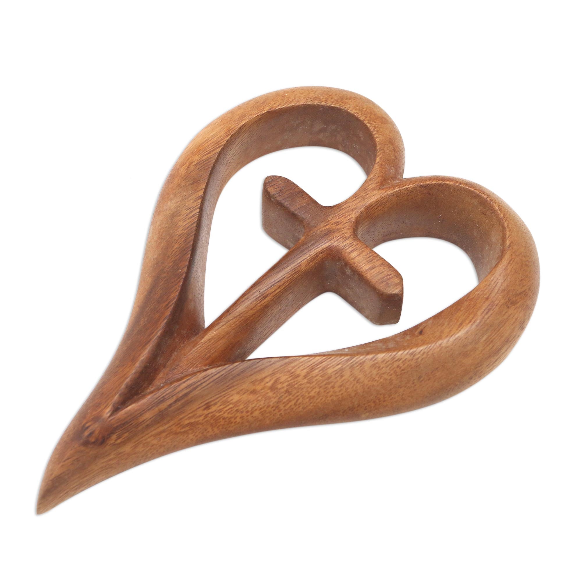 Premium Hand-Carved Suar Wood Heart Cross Wall Art