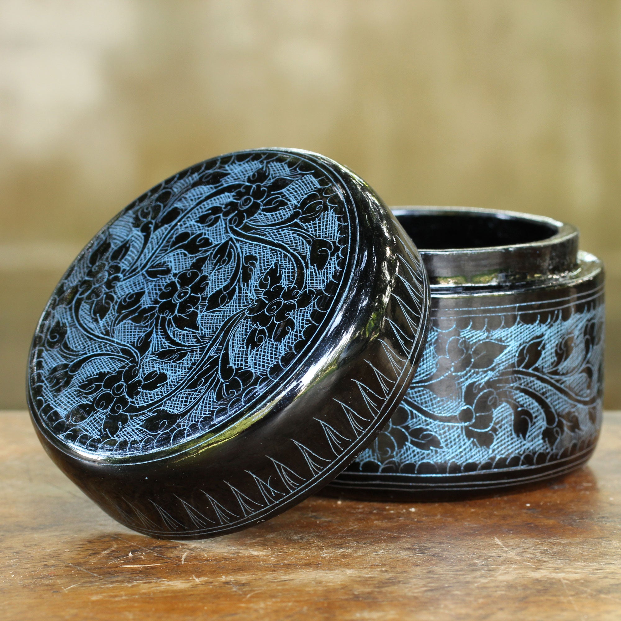 Premium Handcrafted Exotic Blue Flora Round Decorative Box - Lacquered Mango Wood