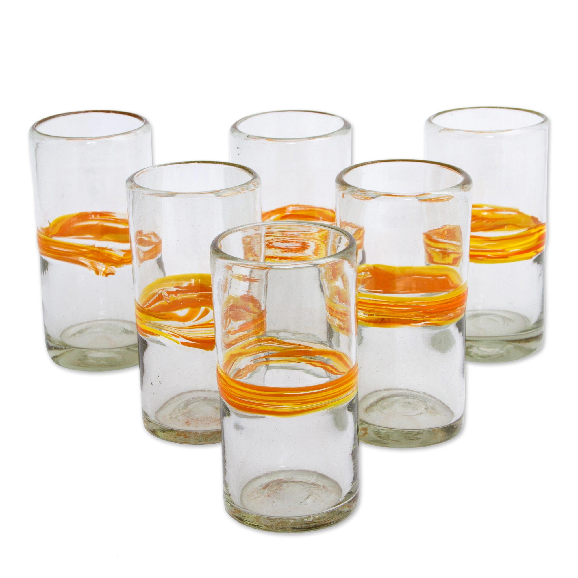 Premium Ribbon of Sunshine: Set of 6 Handcrafted Recycled Glass Tumblers with Vibrant Orange Stripe