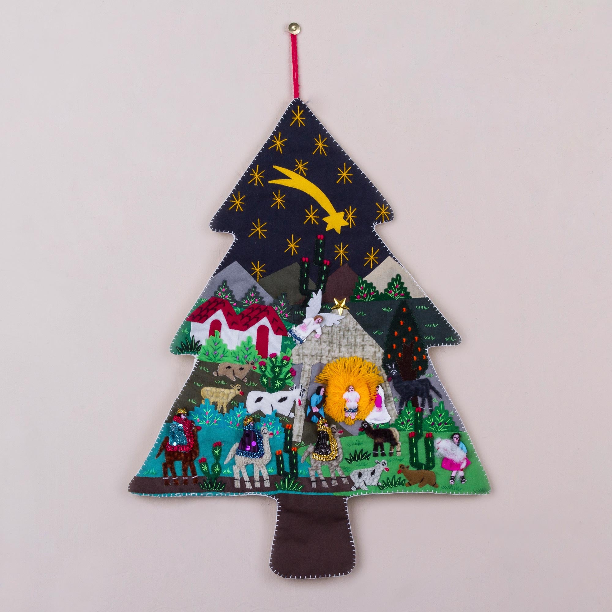 Premium Andean Christmas Pine Tree Wall Hanging - Handcrafted Patchwork Art