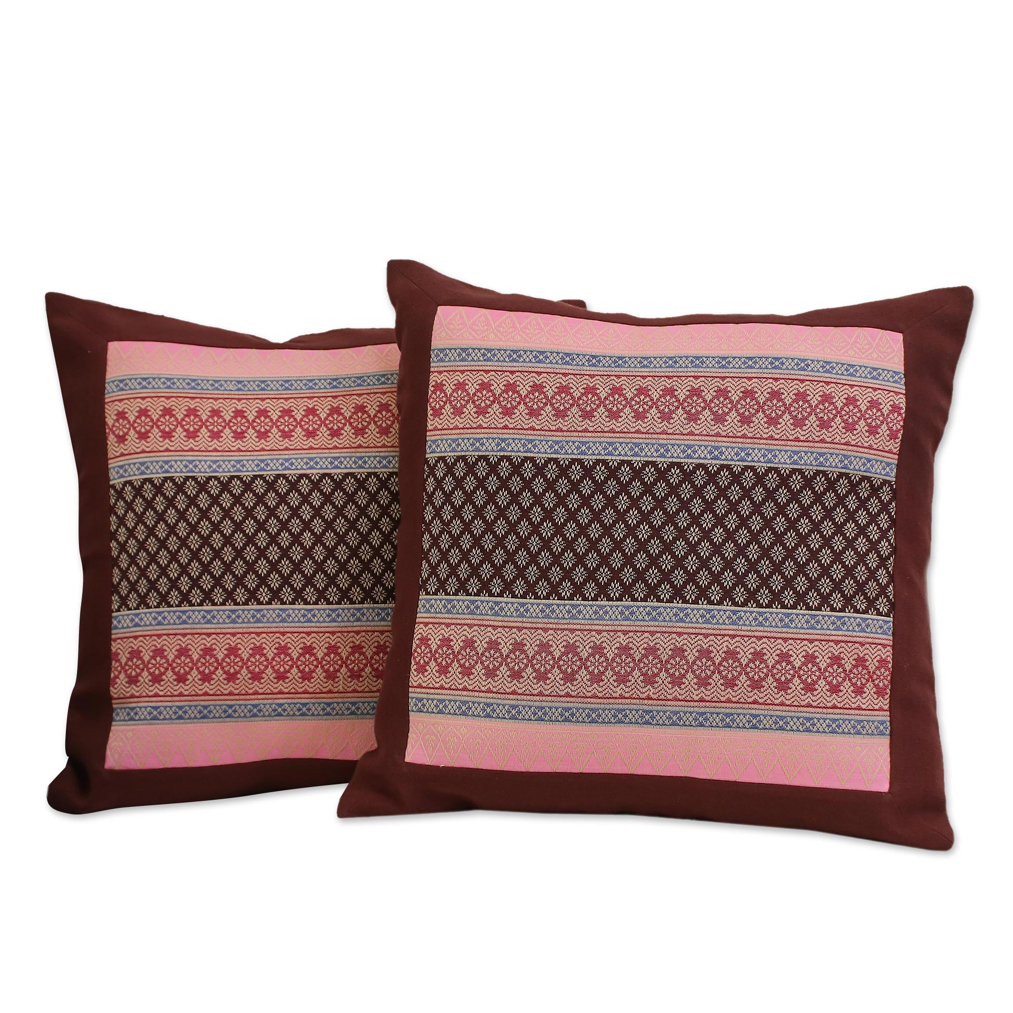 Premium Bangkok Brown Cotton Cushion Covers (Pair) - Handcrafted Elegance
