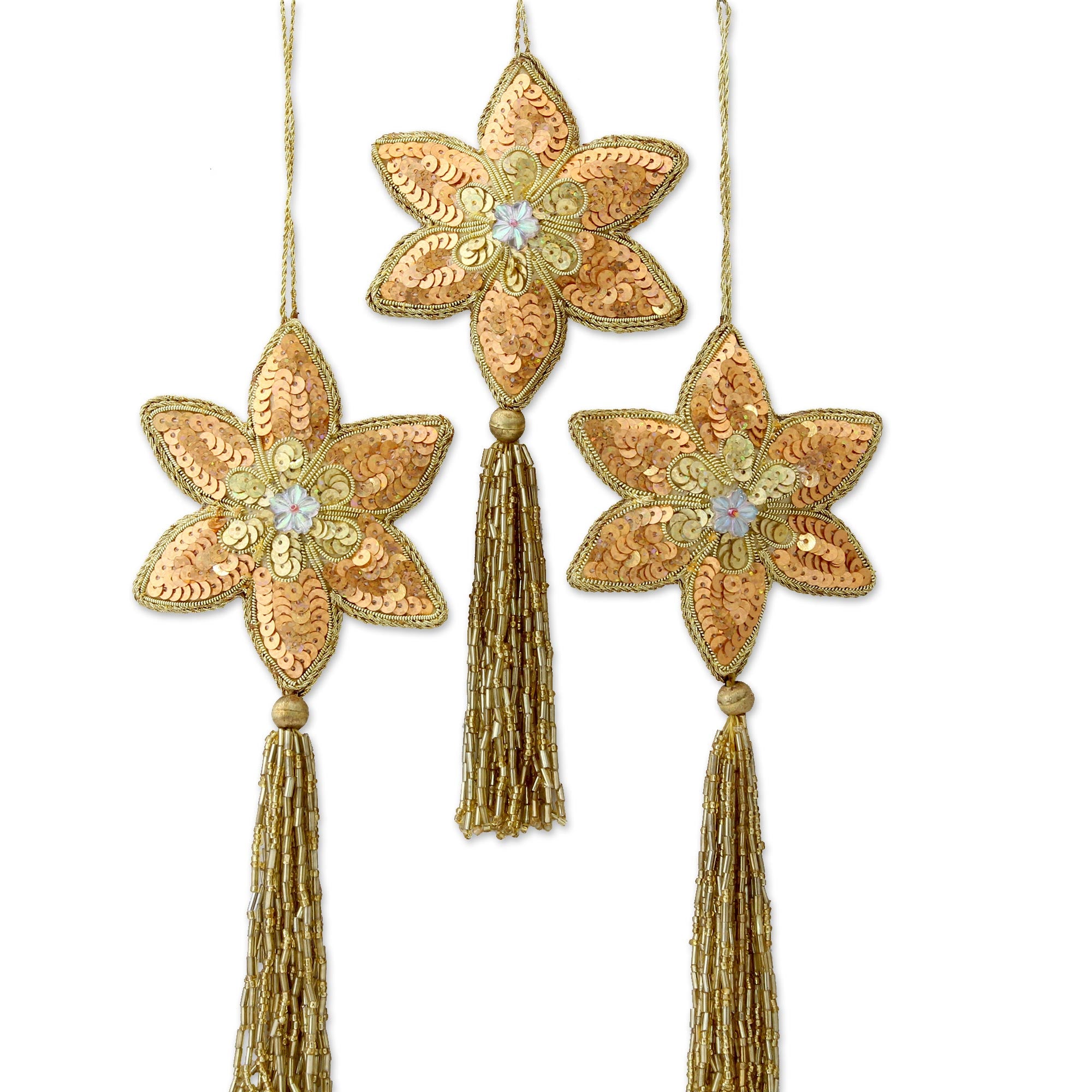 Premium Golden Poinsettia Beaded Ornaments - Handcrafted Christmas Decor