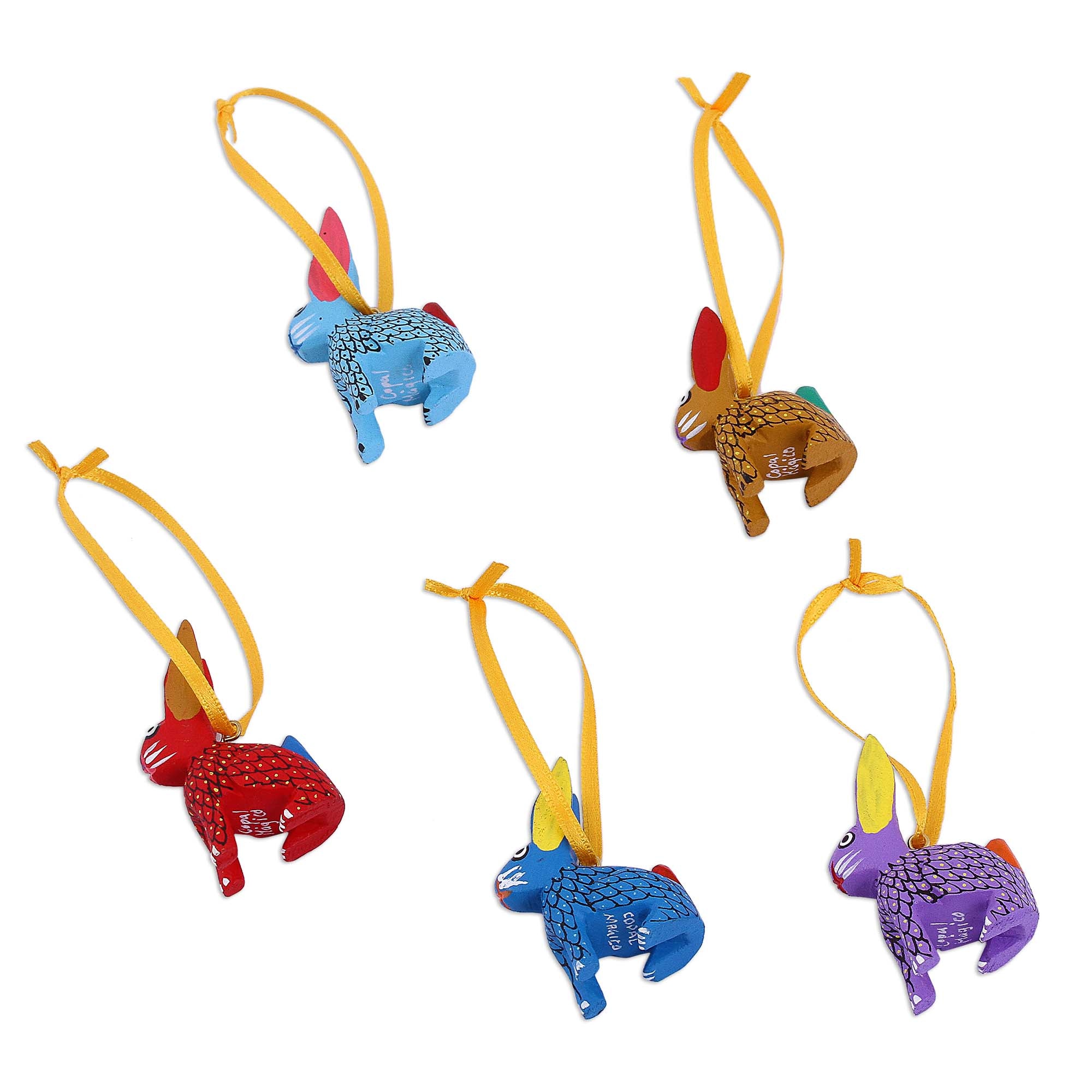 Premium Hand-Crafted Sweet Rabbits Wood Alebrije Ornaments (Set of 5) - Authentic Mexican Art