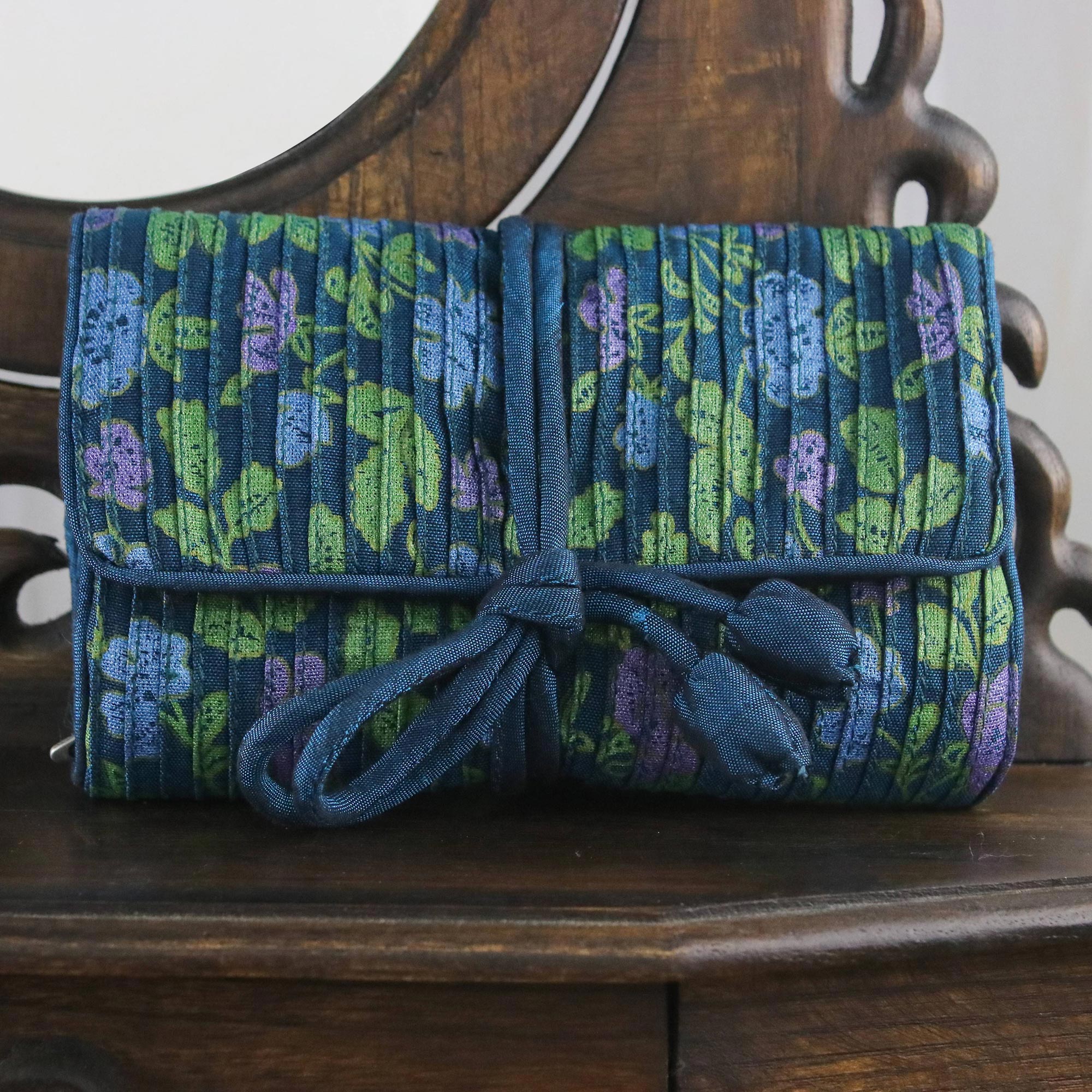 Premium Floral Jewelry Roll - Rayon & Silk Blend in Blue | Handcrafted in Thailand