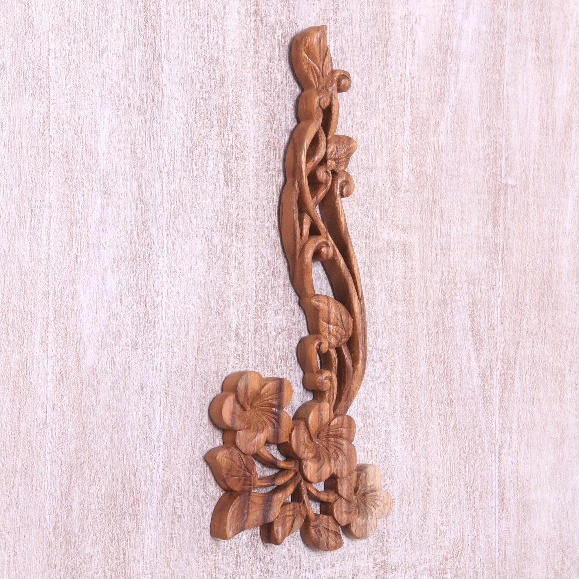 Premium Hand-Carved Frangipani Floral Suar Wood Wall Art Panel