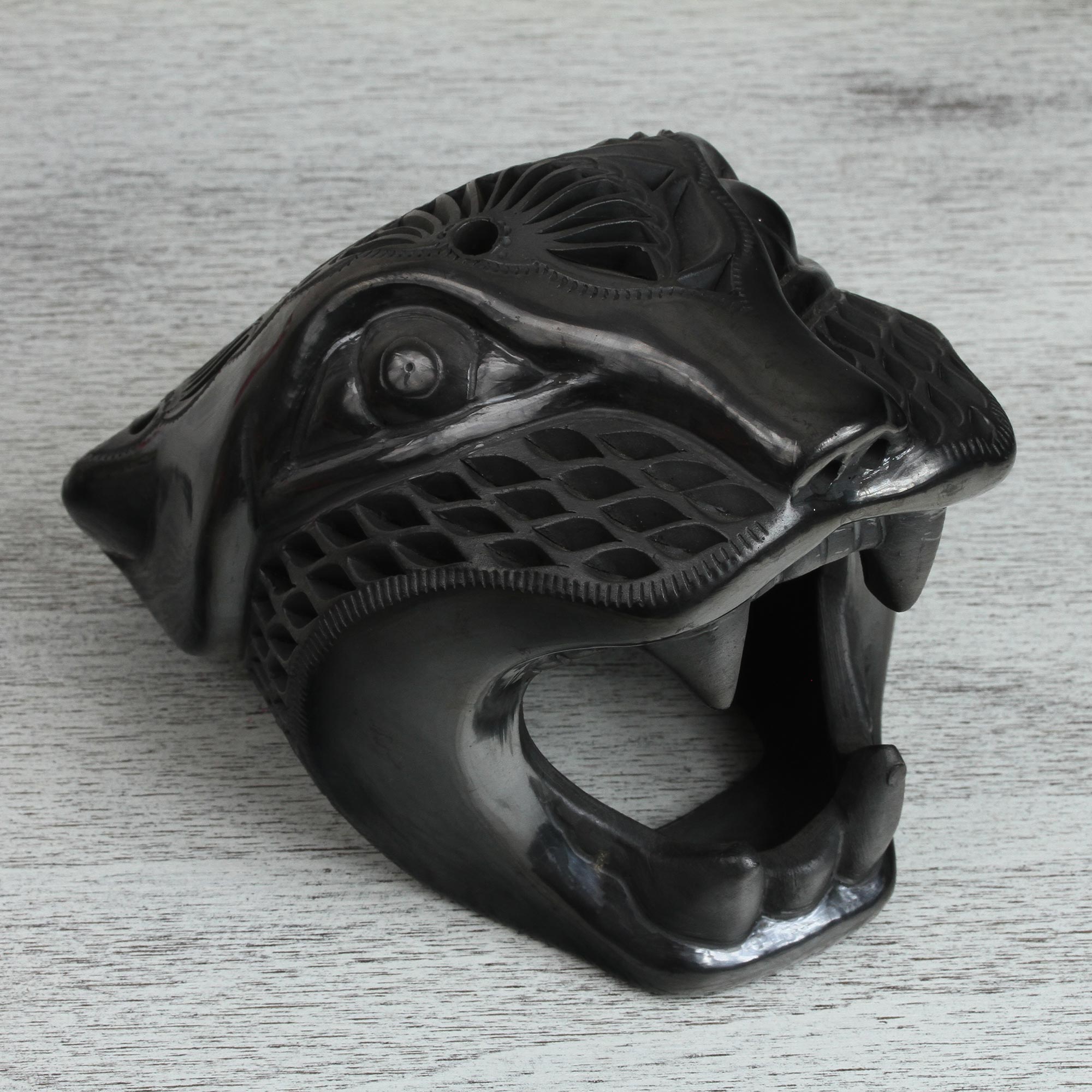 Premium Black Balam Barro Negro Ceramic Jaguar Mask - Authentic Mexican Wall Art
