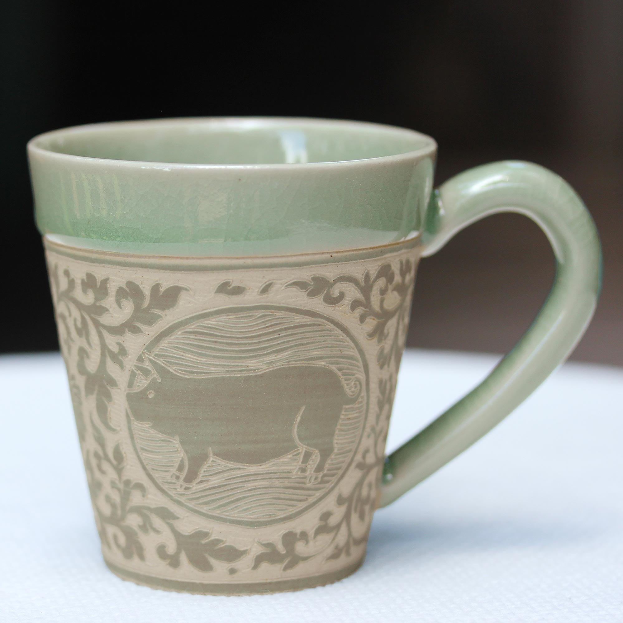 Premium Thai Zodiac Pig Celadon Mug – Handcrafted Ceramic with Elegant Design