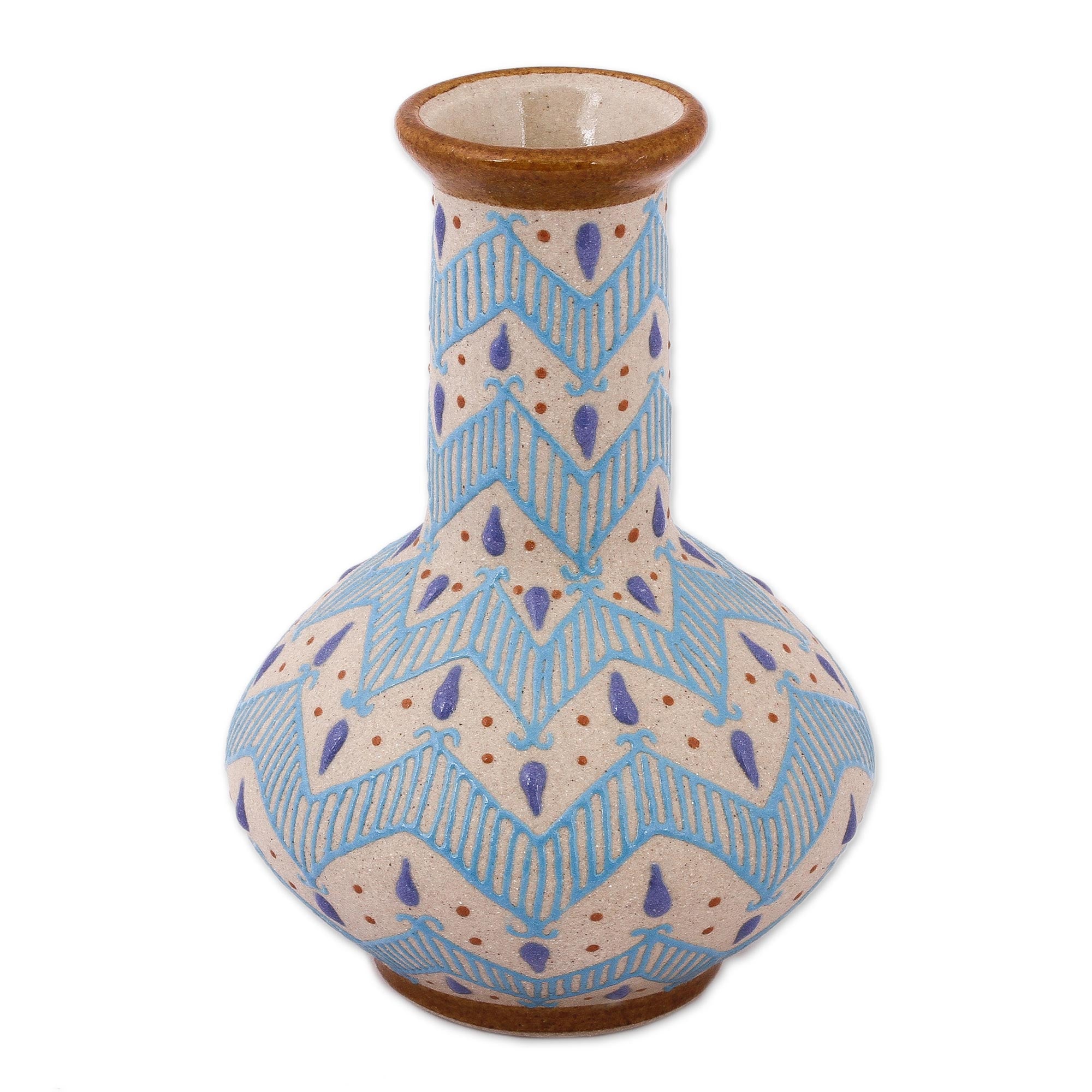 Premium Handcrafted Talavera Ceramic Vase - Blue & Ivory Chevron Design