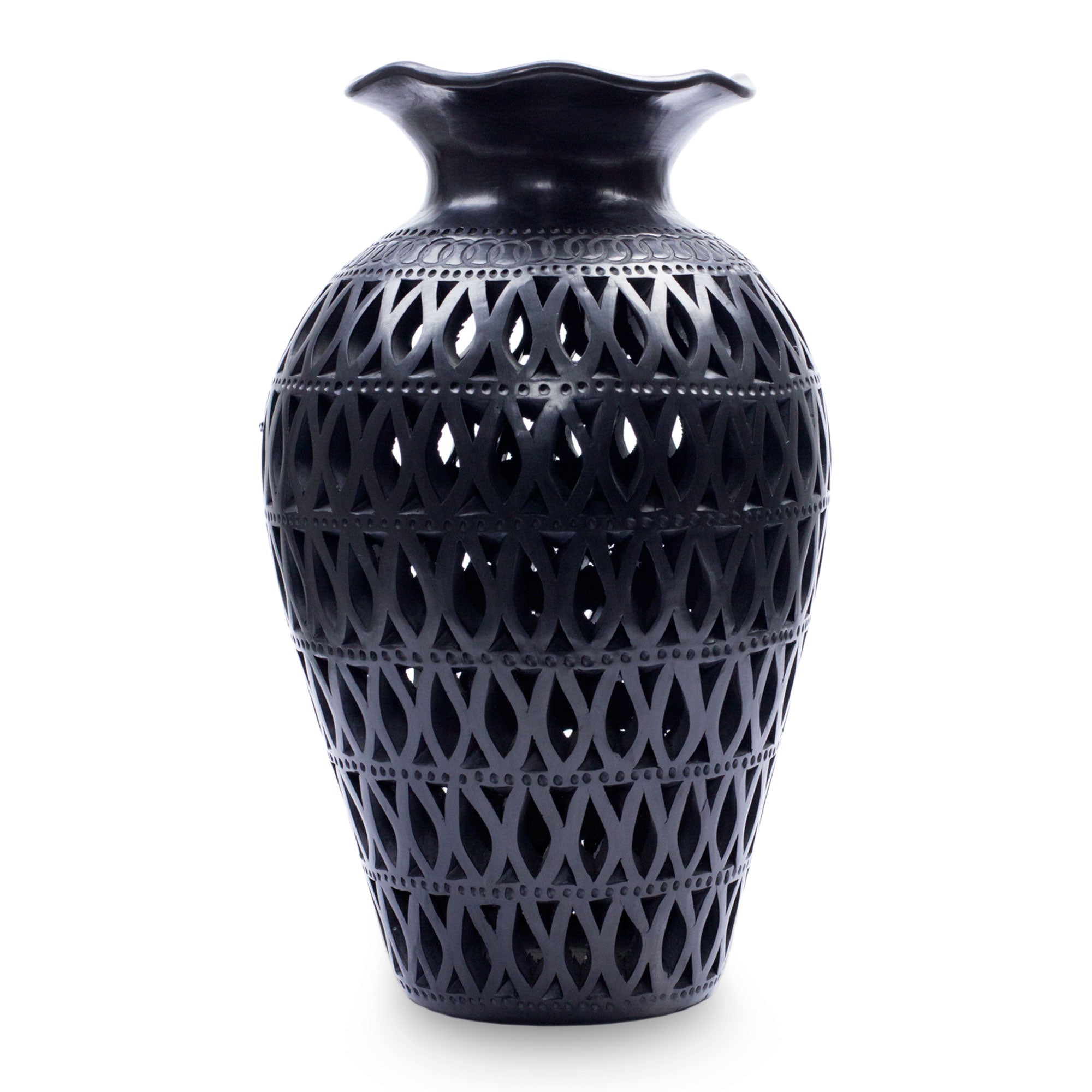 Premium Handcrafted Oaxacan Black Pottery Vase with Leaf Motifs