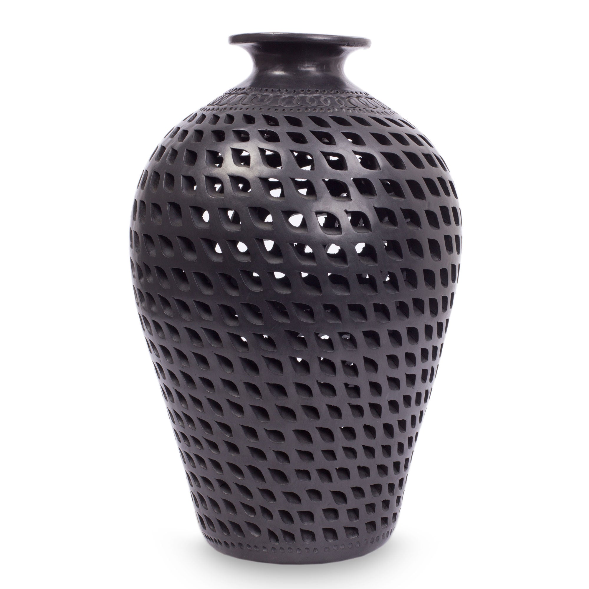 Premium Mexican Artisan Cutout Black Pottery Vase - Leaves in Darkness