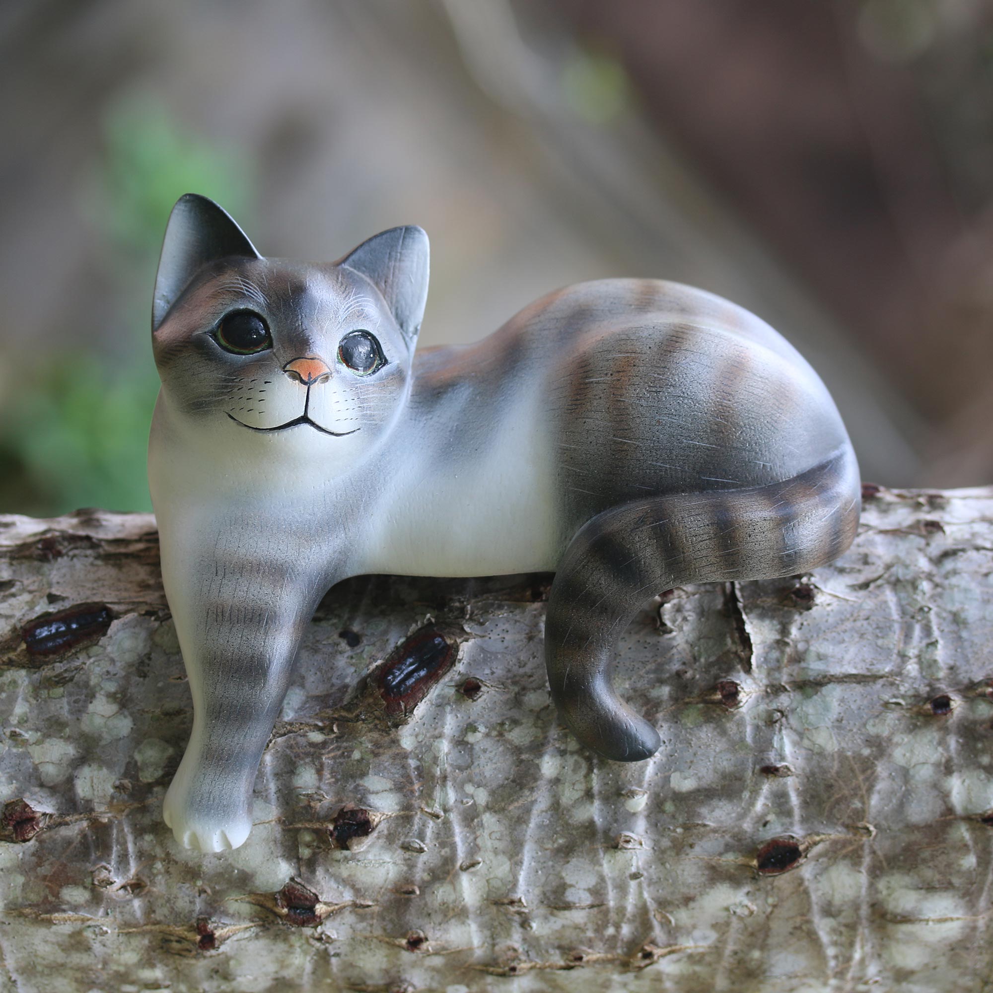 Premium Hand-Carved Grey Cat Sculpture - Balinese Suar Wood Art Piece