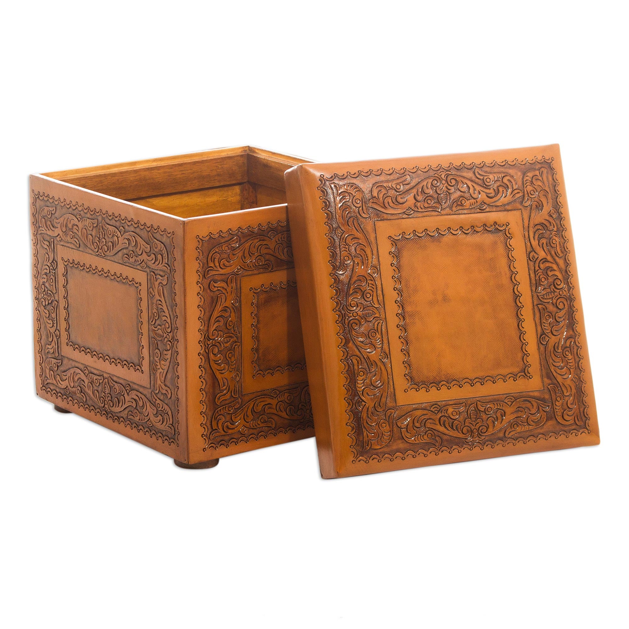Premium Golden Colonial Ivy Leather Storage Ottoman