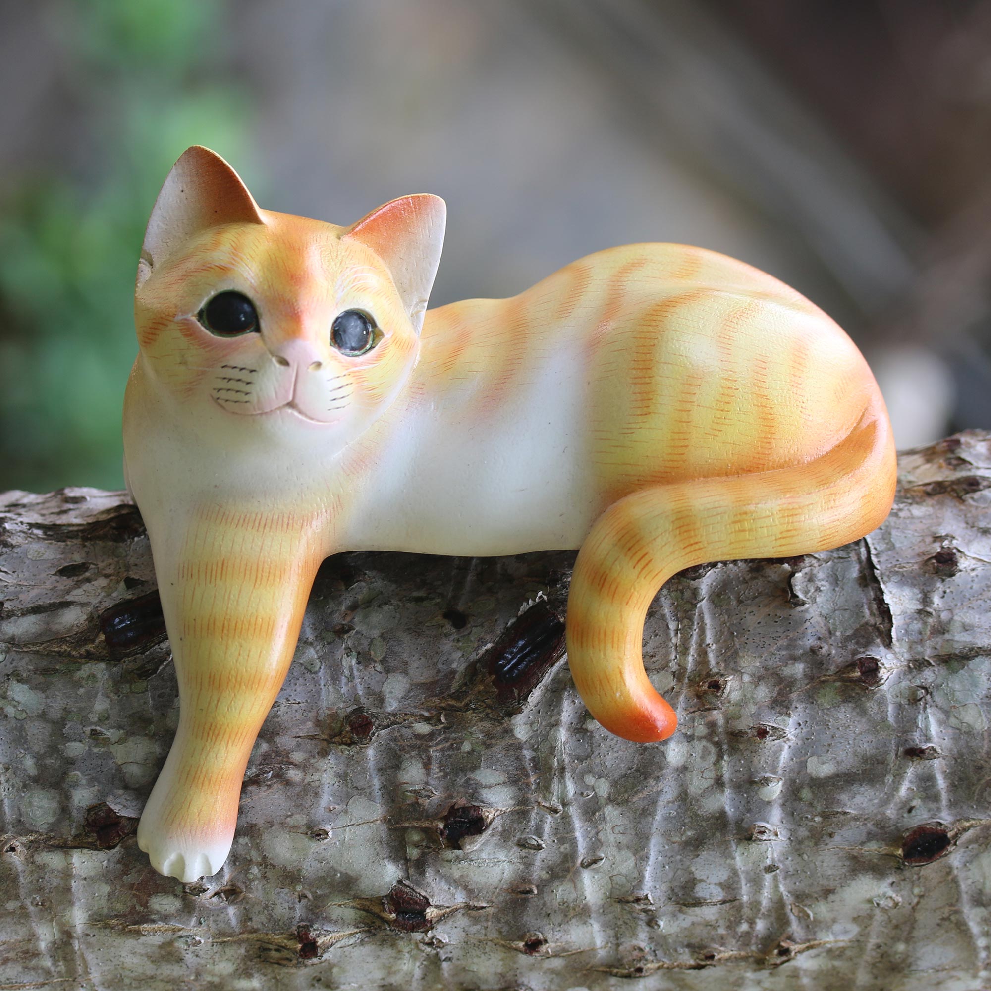 Premium Hand-Carved Orange Cat Sculpture - Authentic Bali Suar Wood Art