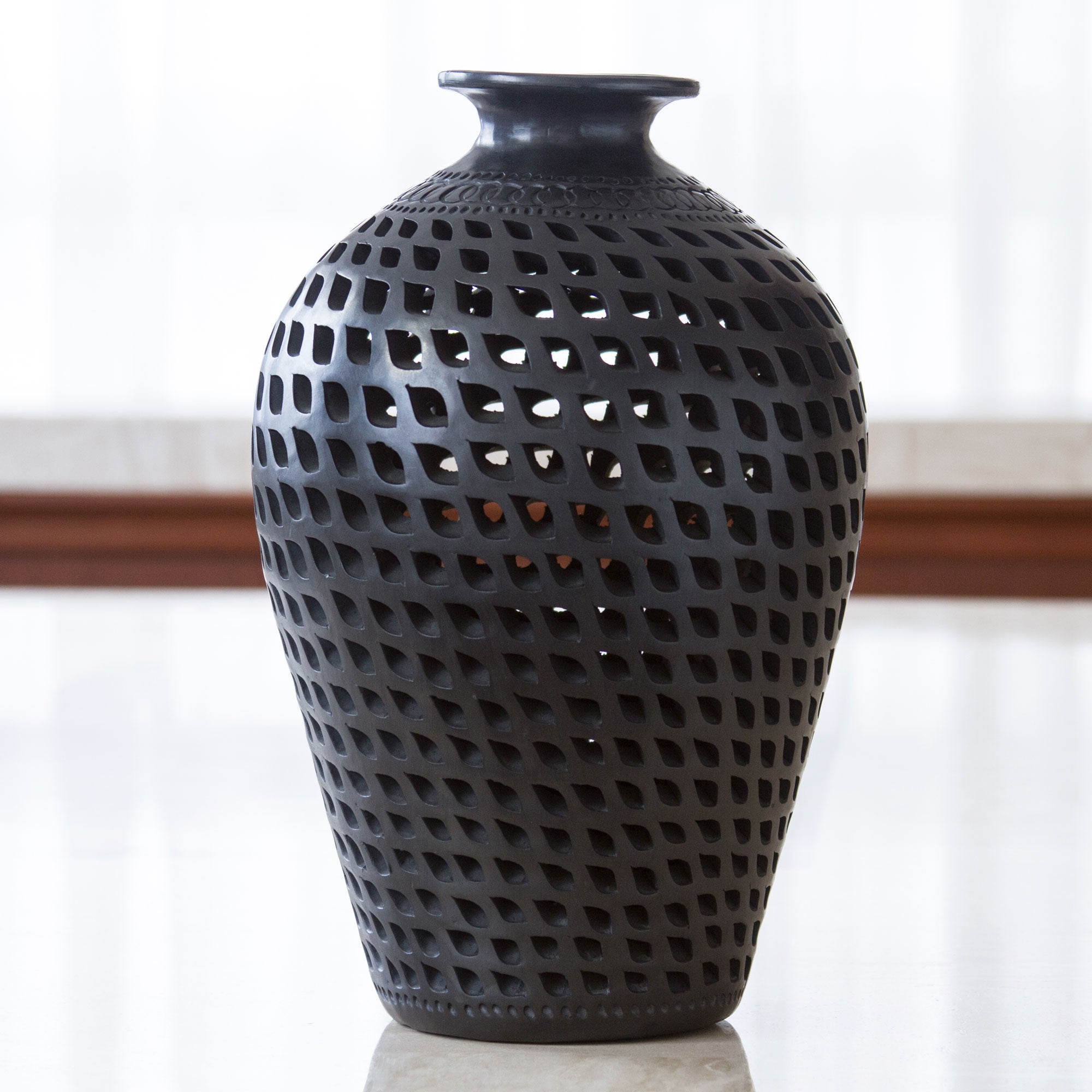Premium Mexican Artisan Cutout Black Pottery Vase - Leaves in Darkness