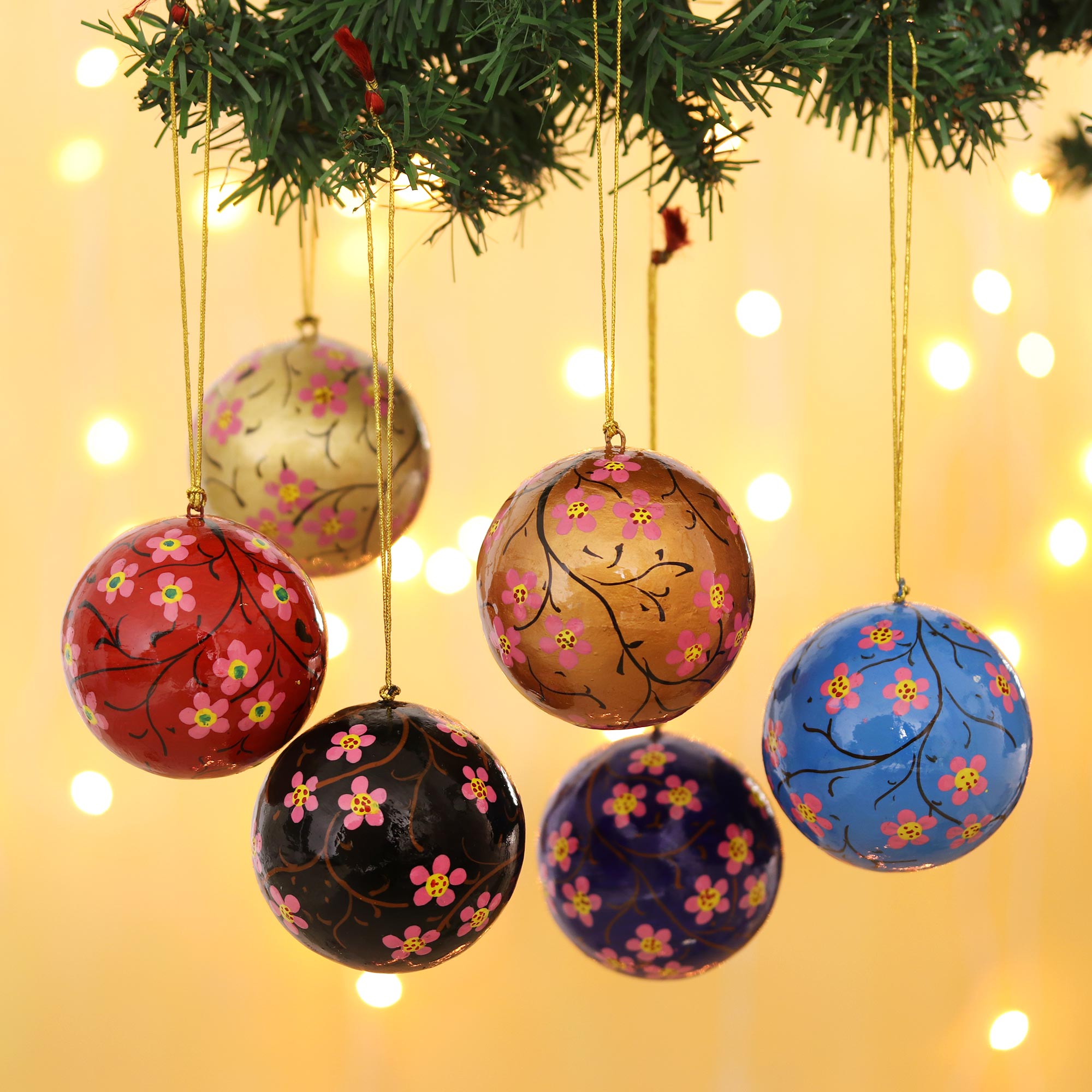 Premium Handcrafted Cherry Blossom Christmas Ornaments - Set of 6