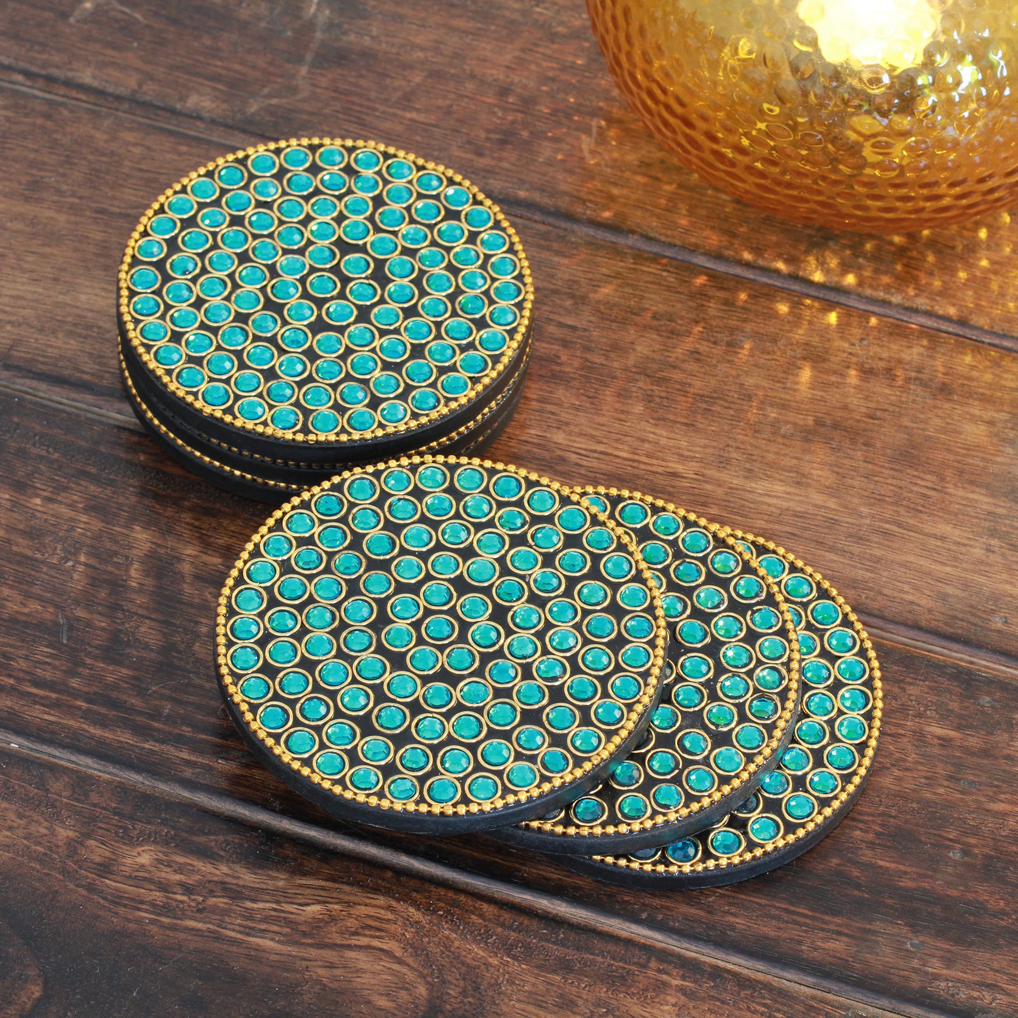 Premium Aqua Glitz Bejeweled Coasters - Set of 6