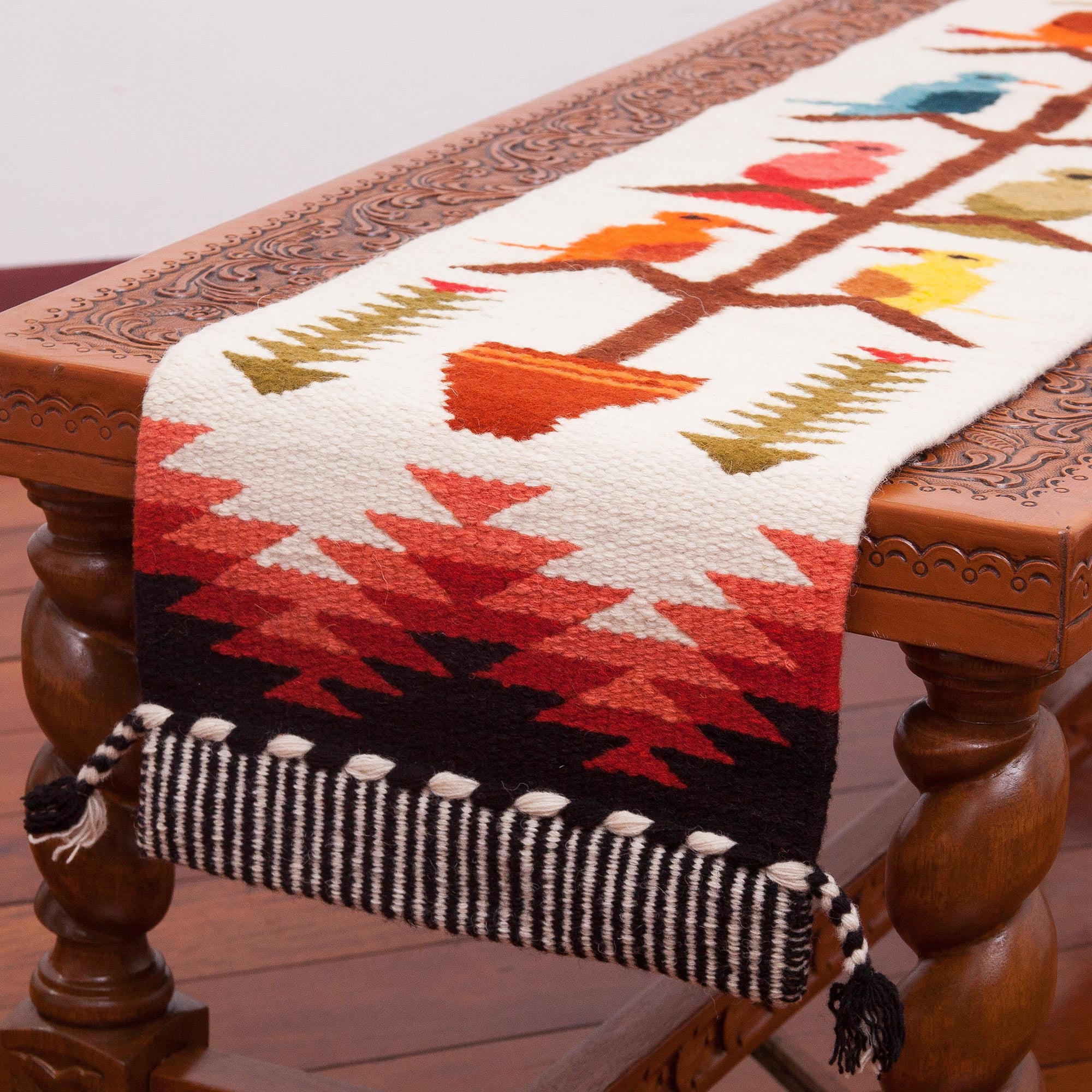 Premium Handwoven Wool Blend Bird-Themed Table Runner from Peru – Songs of the Countryside