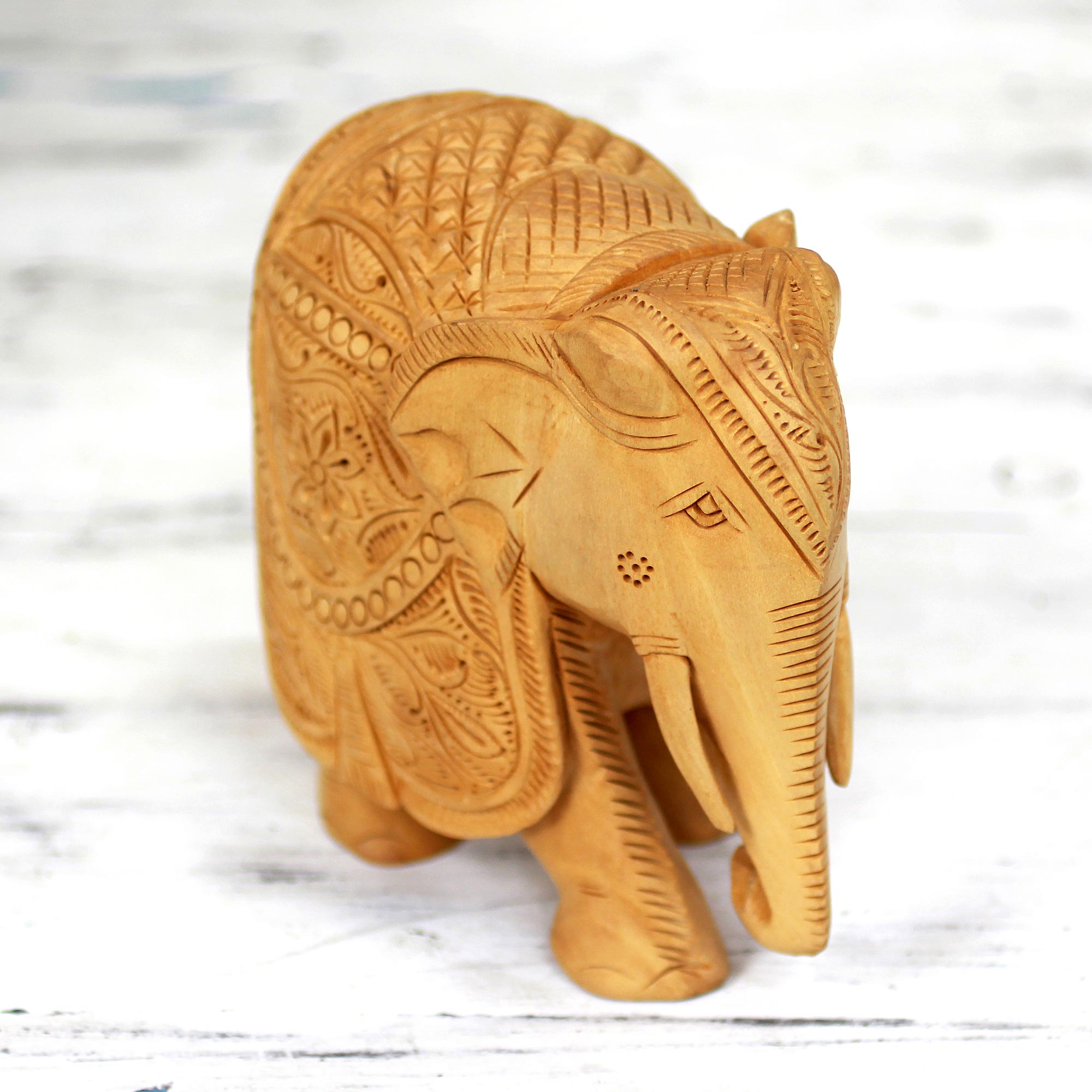 Premium Majestic Elephant Hand-Carved Sculpture - 6 Inch Kadam Wood Jali Art