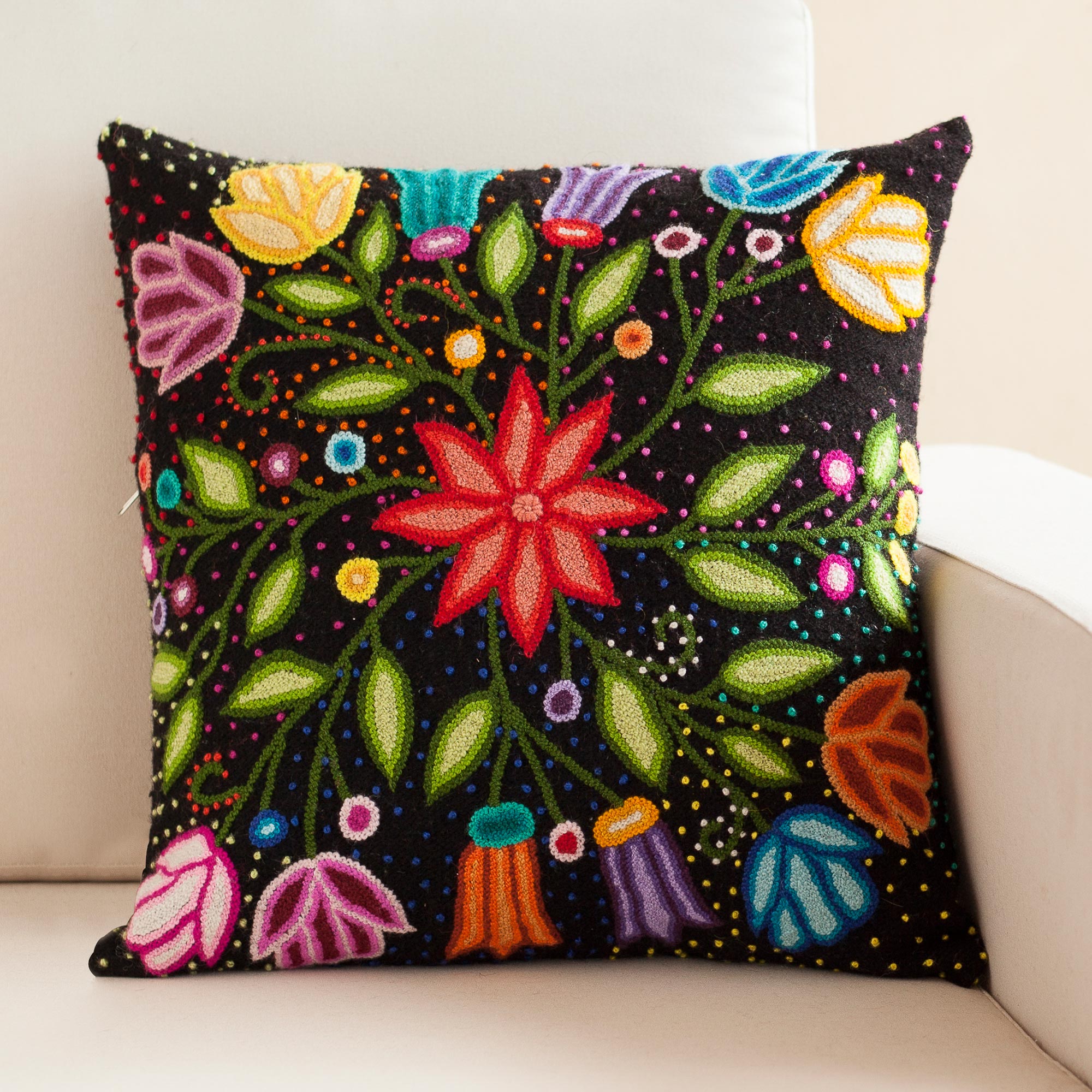 Premium Dark Garden Floral Embroidered Wool Cushion Cover – Handcrafted in Peru