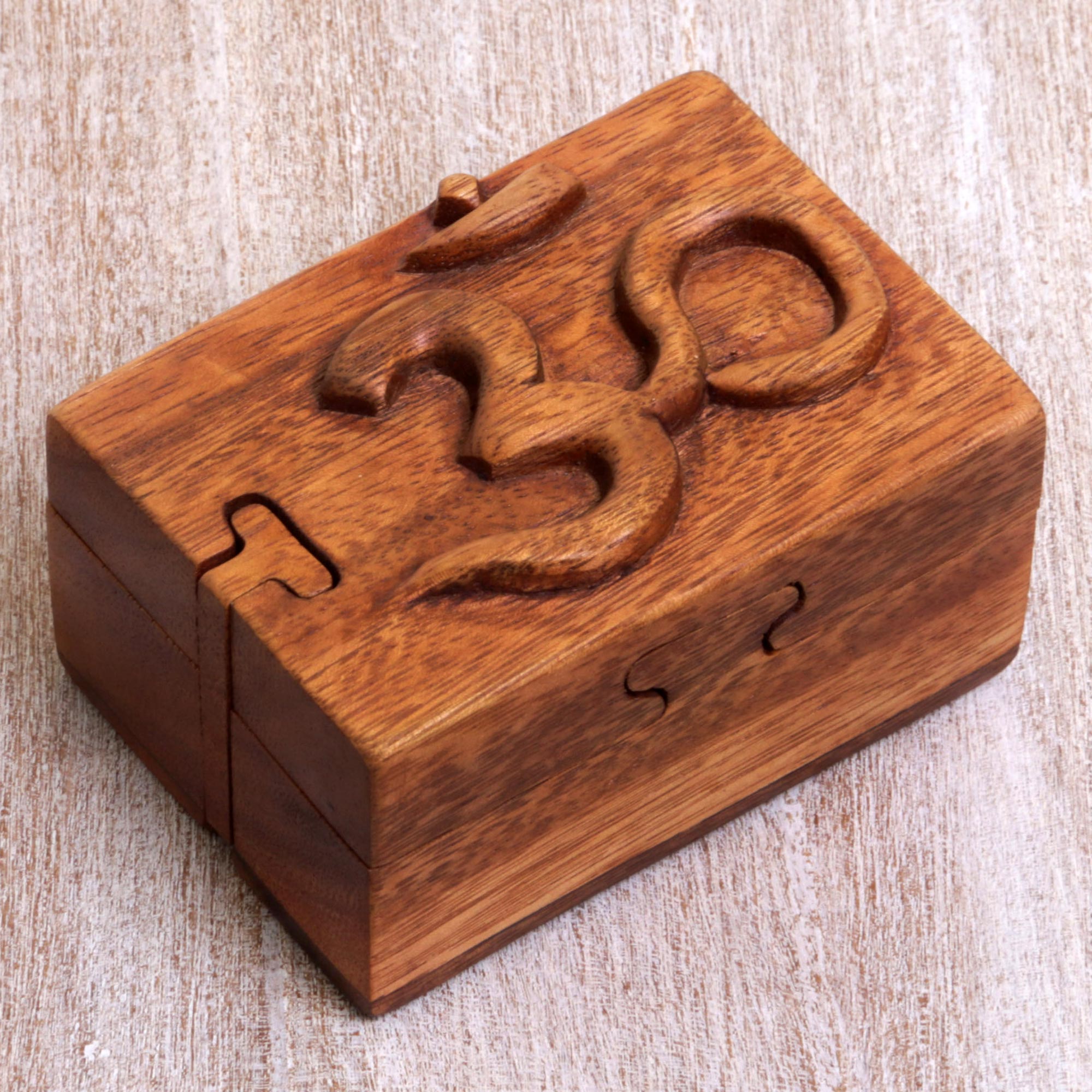Premium Om Protector Handcrafted Wood Puzzle Box with Om Symbol - Indonesian Artisan Craft