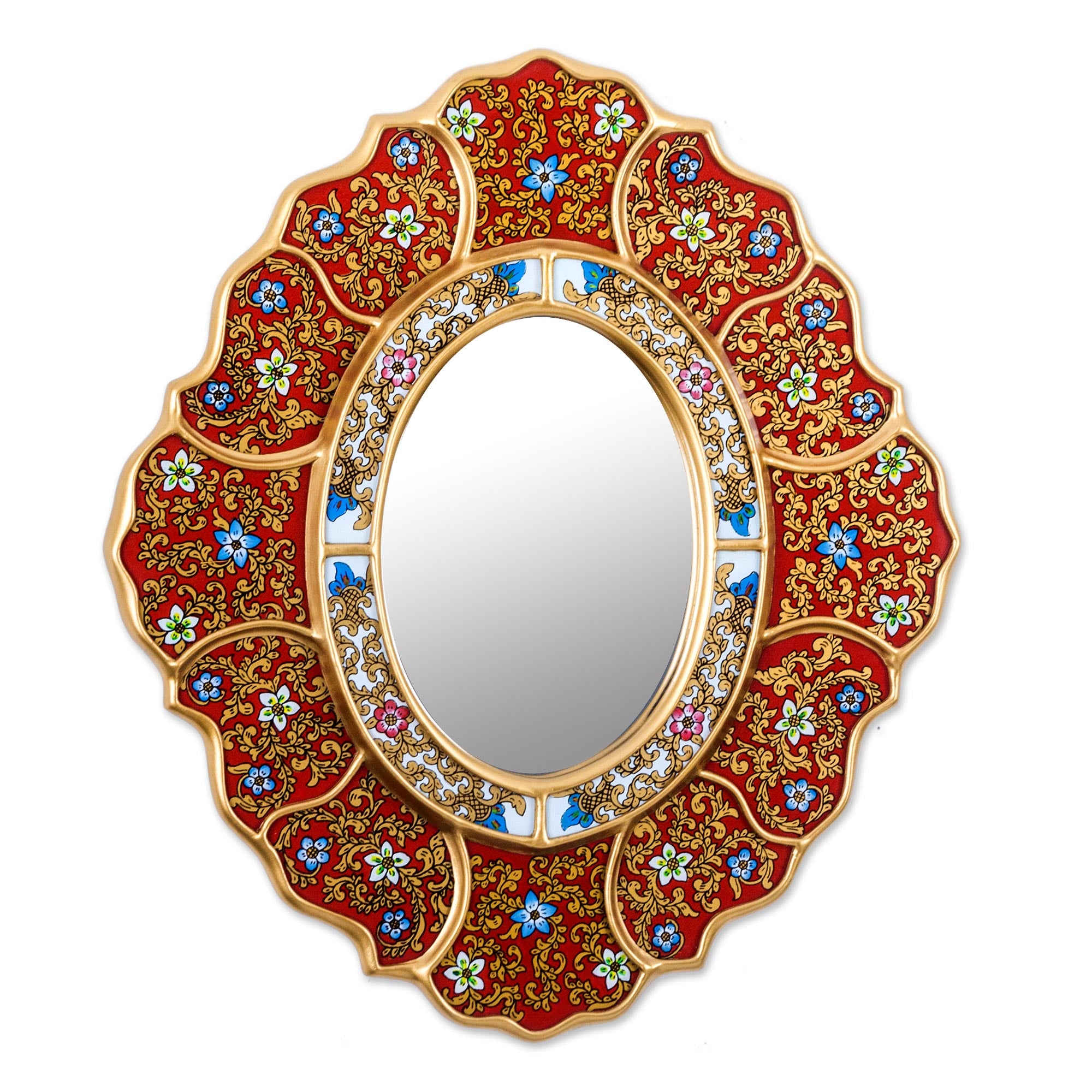 Premium Floral Crimson Reverse Painted Glass Wall Mirror - Unique Red & Gold Design