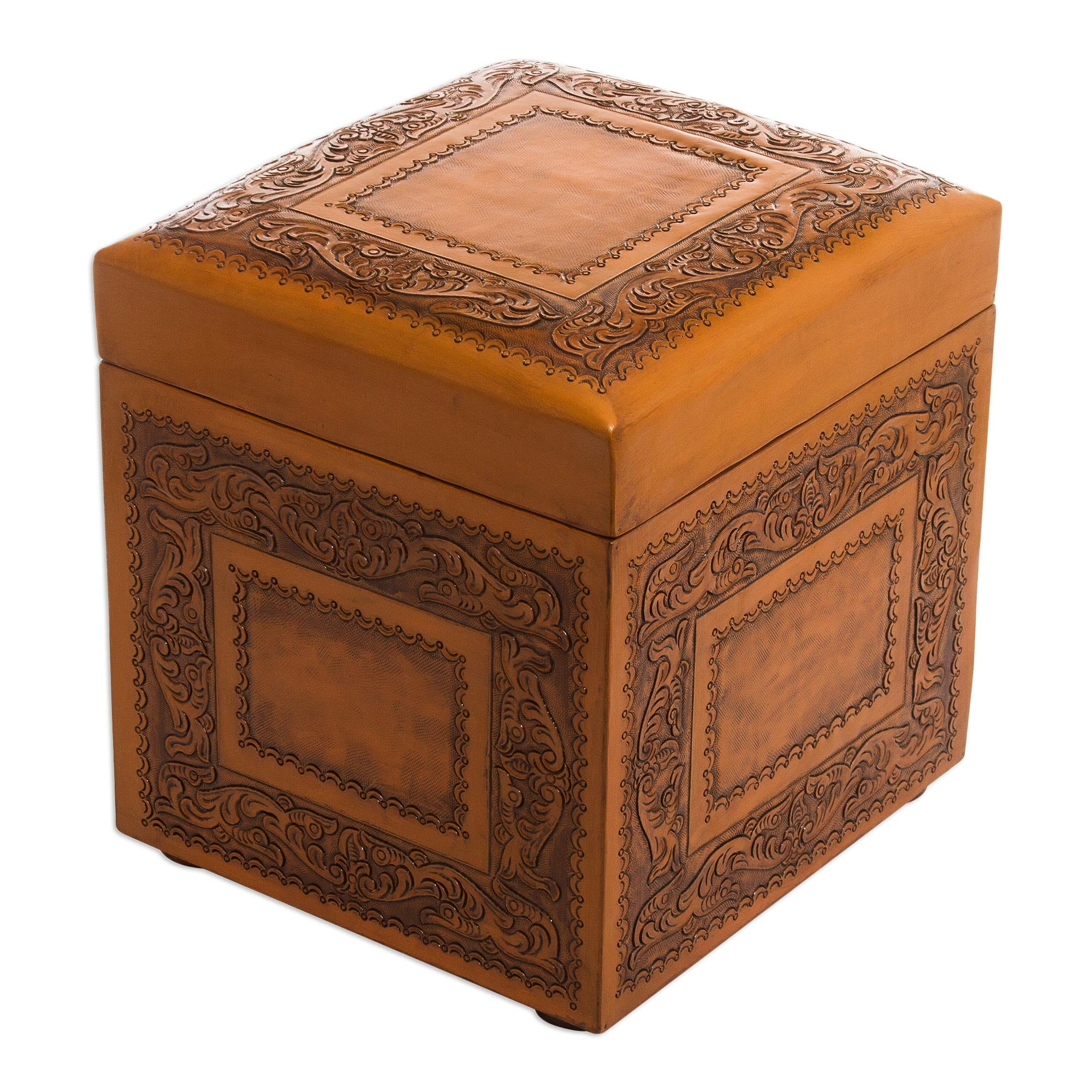 Premium Golden Colonial Ivy Leather Storage Ottoman